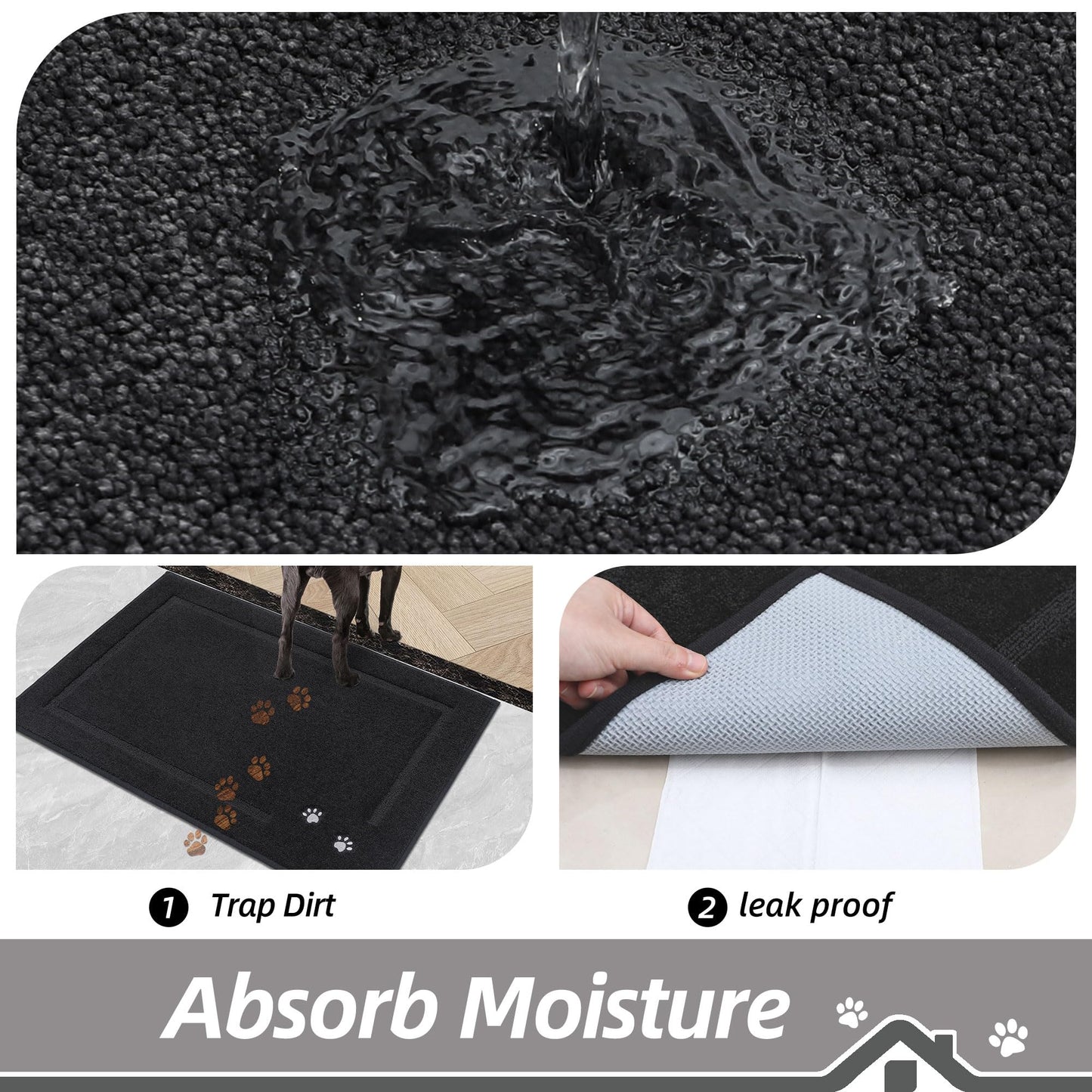 BEQHAUSE Dog Door Mat for Muddy Paws 24"x36" Dirt Trapper Absorbent Doormat Non Slip Entryway Rugs Washable Stain Resistant Welcome Floor Mat Soft Low-Profile for Front Back Door, Black