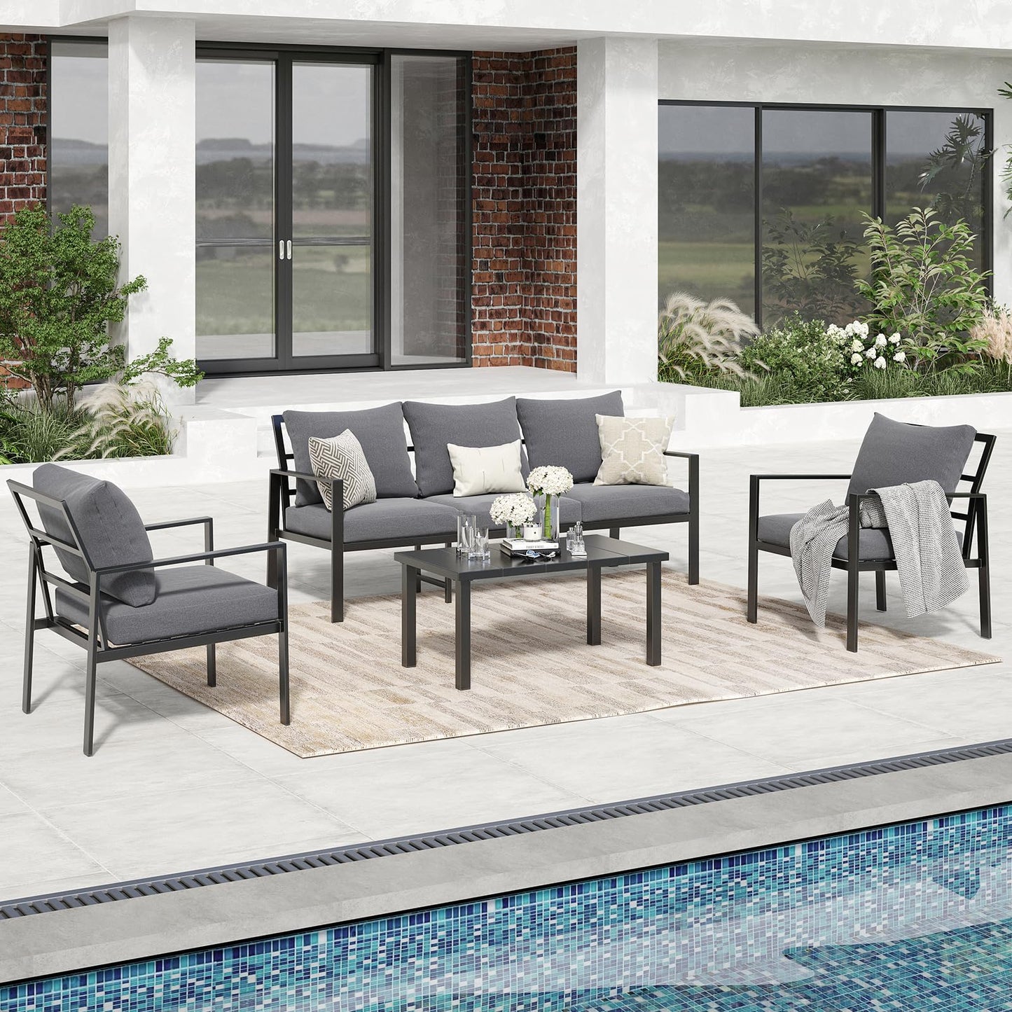 Soohow Patio Furniture Set,5 Pieces Outdoor Patio Furniture with Coffee Table Set,Metal Conversation Set with Waterproof Fabric & High-Resiliency Cushions(Grey)