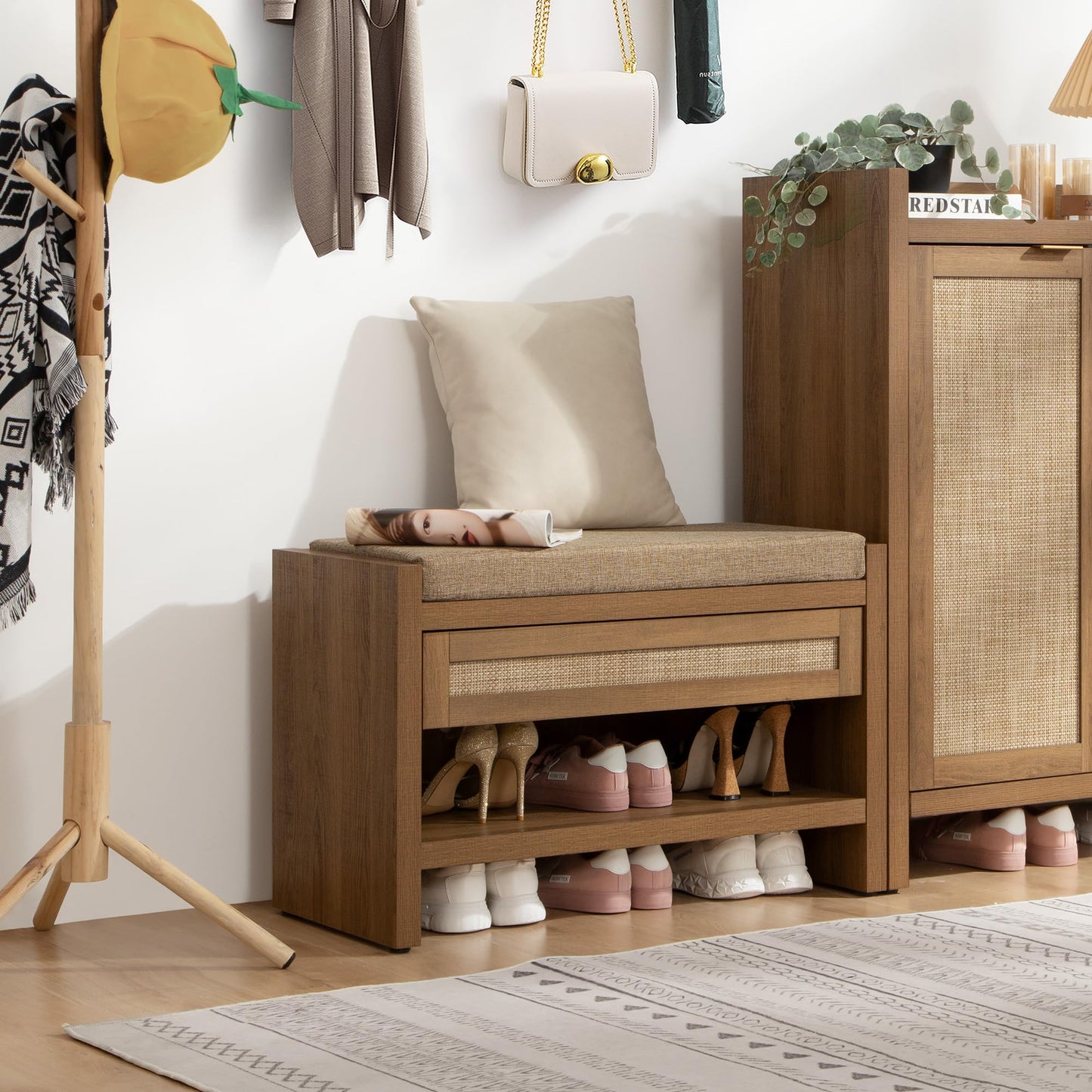 SICOTAS Rattan Shoe Bench Entryway Bench with Storage Drawer and Linen Seat Cushion, Farmhouse Boho Shoe Rack with Shelf, Wooden Storage Bench for Entryway Hallway and Bedroom, Caramel Oak