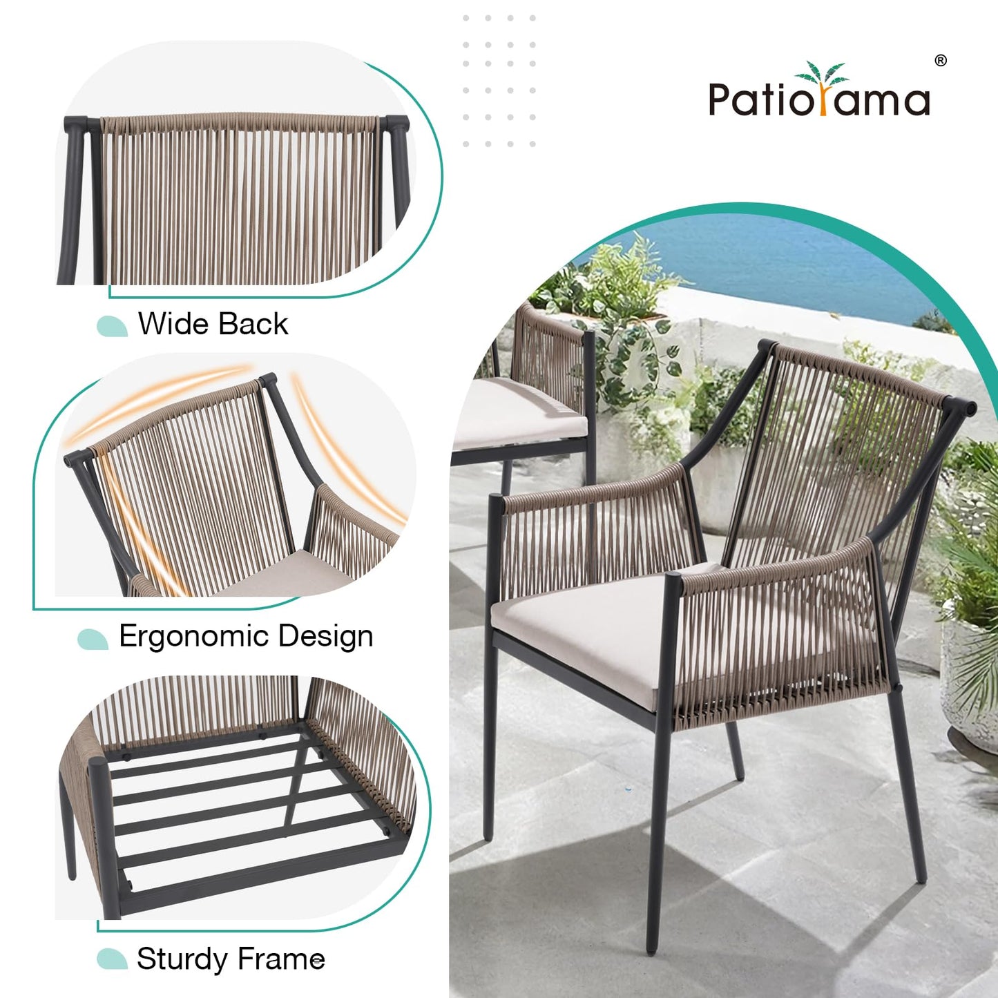 Patiorama Outdoor Dining Chairs Set of 4, Woven Rope Patio Dining Chairs, All-Weather Embossed Wicker Rattan Chairs, Outdoor Patio Chairs with Cushion & Integrated Armrest for Backyard, Light Beige