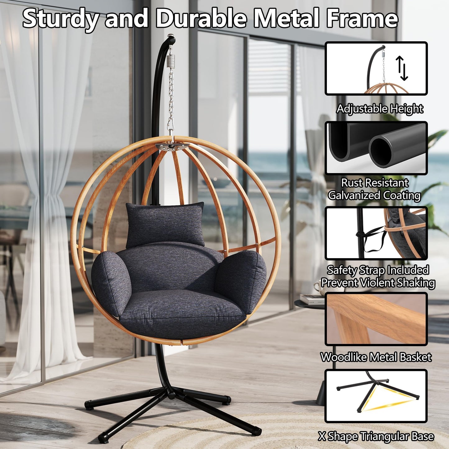 DAYARUS Egg Swing Chair with Stand, Metal Hanging Egg Chair with Cushions, Heavy Duty 400LBS Imitation Wicker Egg Chairs Outdoor, 80" H Hanging Chairs Cozy Basket Seat for Bedroom/Balcony, Charcoal