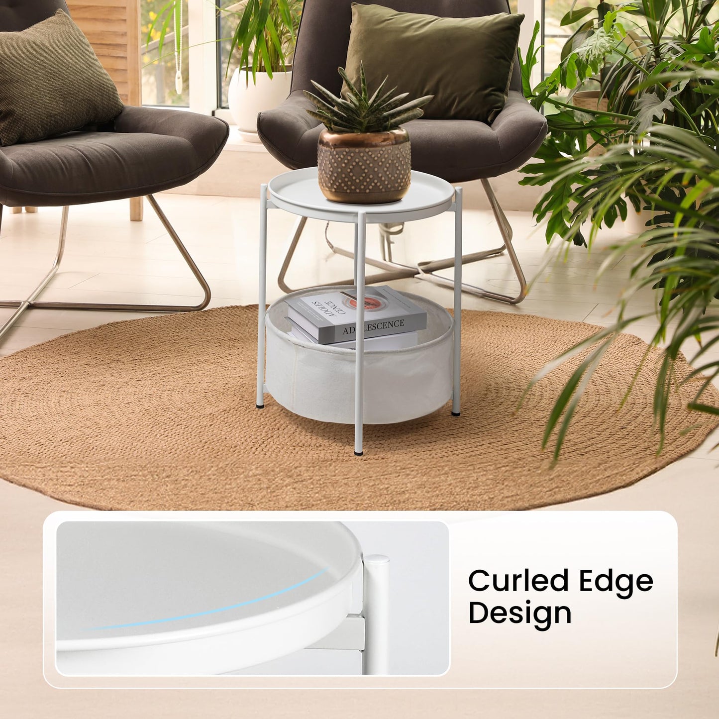 Luwesde Round Side Table, White End Table with Storage Basket, Metal Night Stand with Removable Tray, Small Bedside Table for Living Room, Bedroom, Nursery (White)
