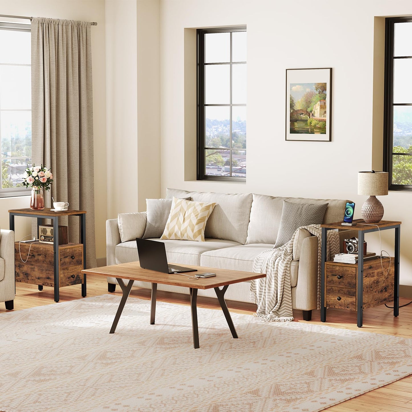 HOOBRO End Table with Charging Station, Narrow Side Table with 2 Drawer & USB Ports & Power Outlets, Nightstand for Small Spaces, for Living Room, Bedroom, Rustic Brown and Black BF541BZ01