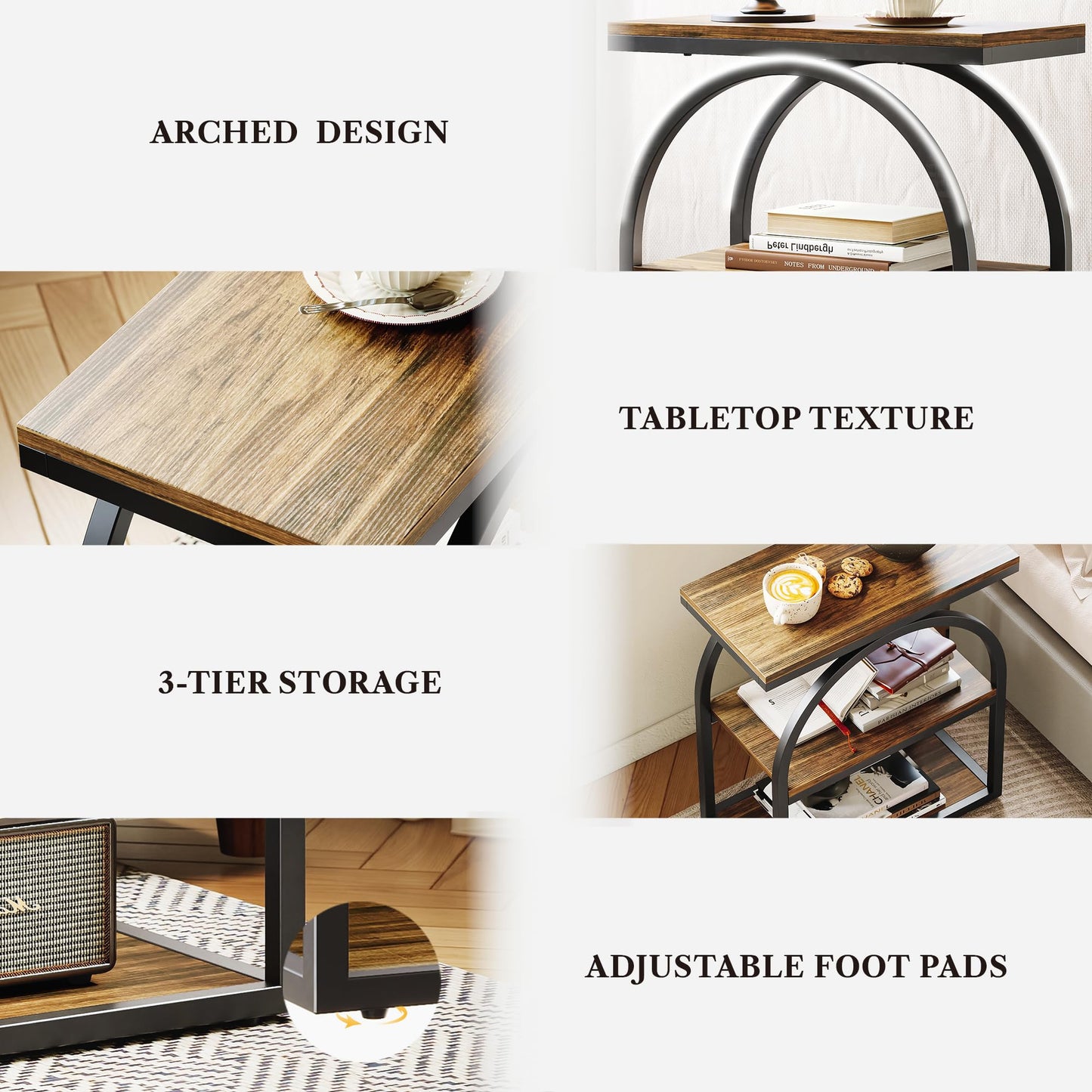 LIKEMET Side Table, End Table with 3-Tier Storage, 25" Bedside Table with Arched Metal Frame, Industrial Nightstand for Living Room, Bedroom, Rustic Brown
