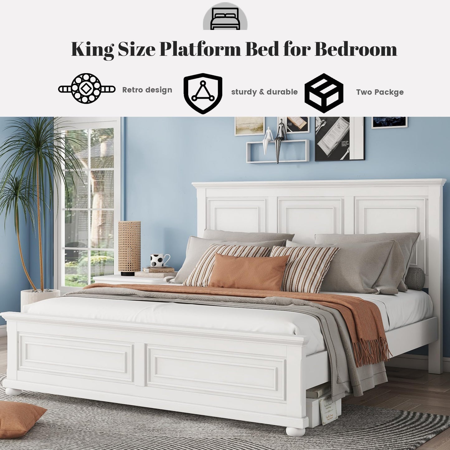 Duxelifin King Size Platform Beds for Bedroom, Tall Headboard King Bed Frame with Footboard, Pinewood Antique Bed Frame, Farmhouse Style, Noise-Free, No Box Spring Needed, White