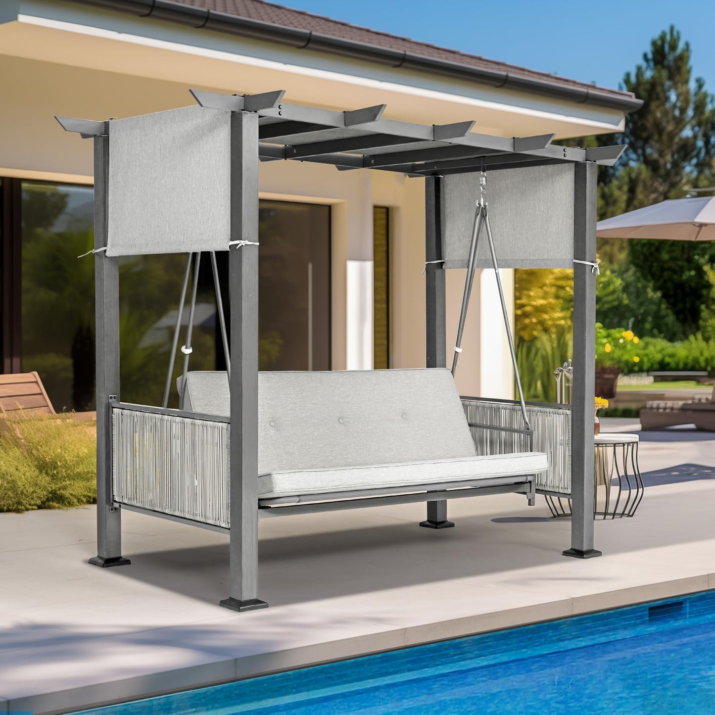 Pamapic 2-in-1 Convertible Porch Swing Bed, 3-Seat Elegant Patio Swing with Wicker Armrests, Outdoor Chair with Adjustable Canopy for Balcony, Garden, and Poolside, Gray