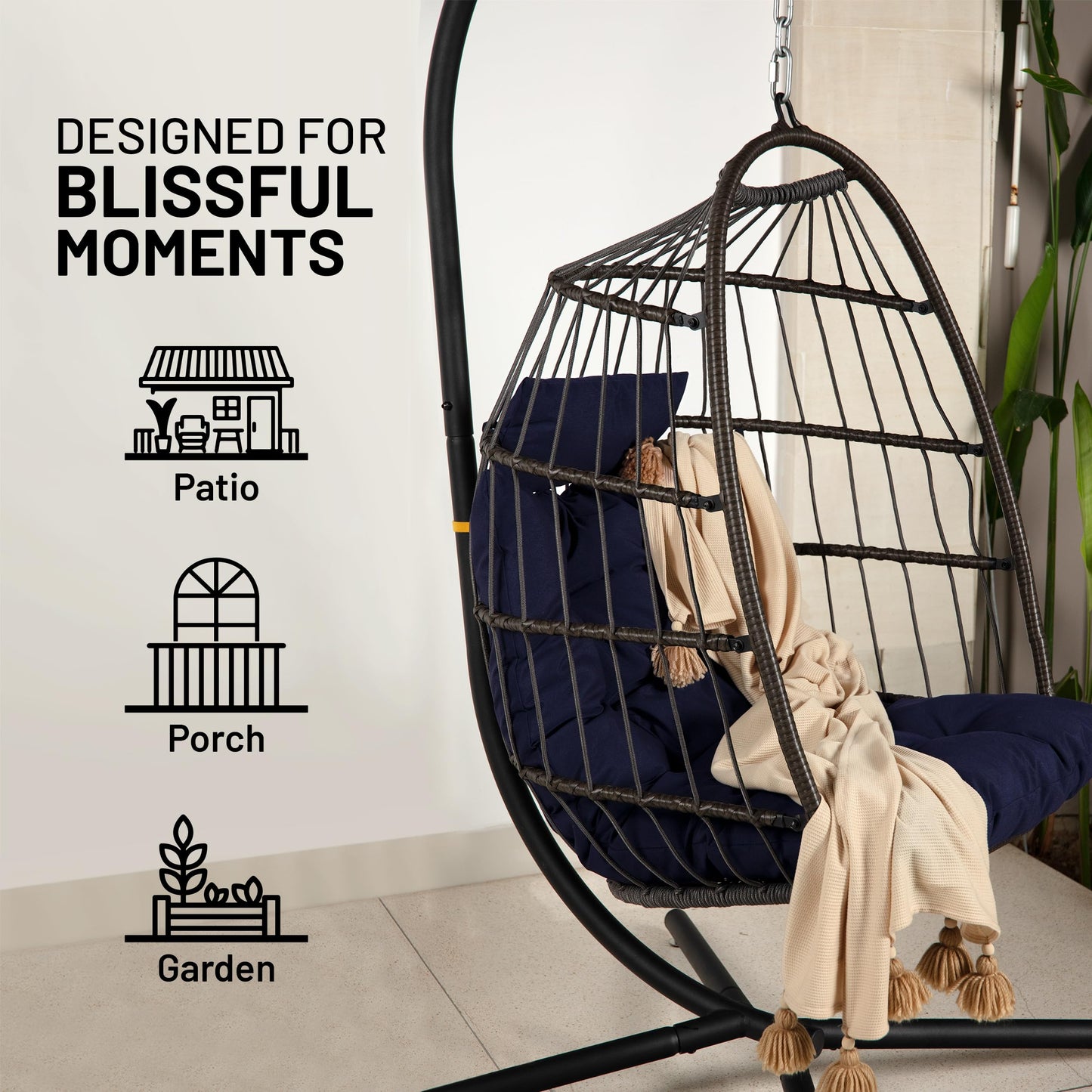 SereneLife Foldable Rattan Wicker Egg Chair Hanging Swing with Stand Waterproof Cushion and Headrest for Indoor Living Room Bedroom Patio Porch Balcony Garden Outdoor Use Deep Blue 350 lb Capacity
