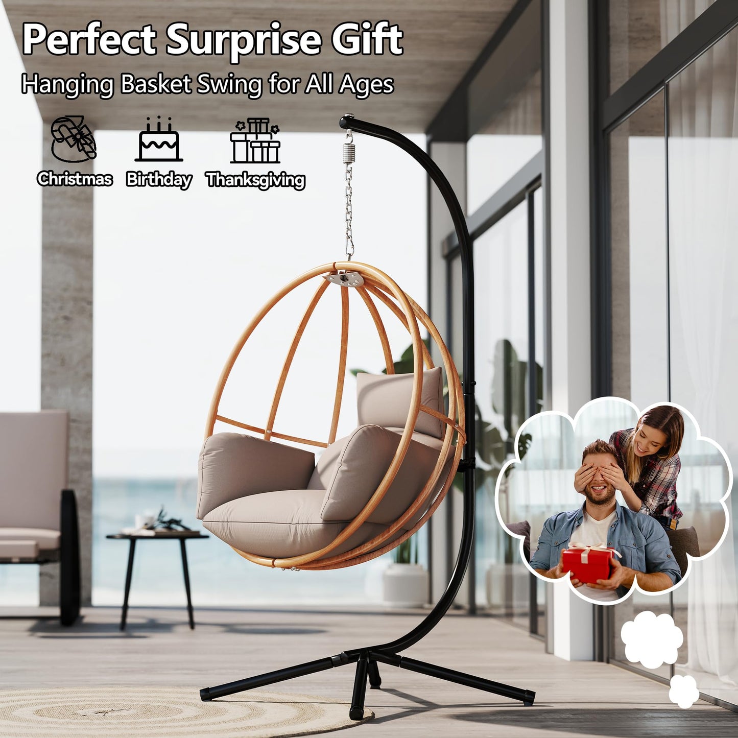DAYARUS Hanging Chair with Stand, Imitation Rattan Egg Cahir Outdoor, Hanging Egg Chair with Stasnd, 80" High Egg Swing Chairs Indoor, All Weather Balcony Basket Swing Chairs for Balcony, Khaki