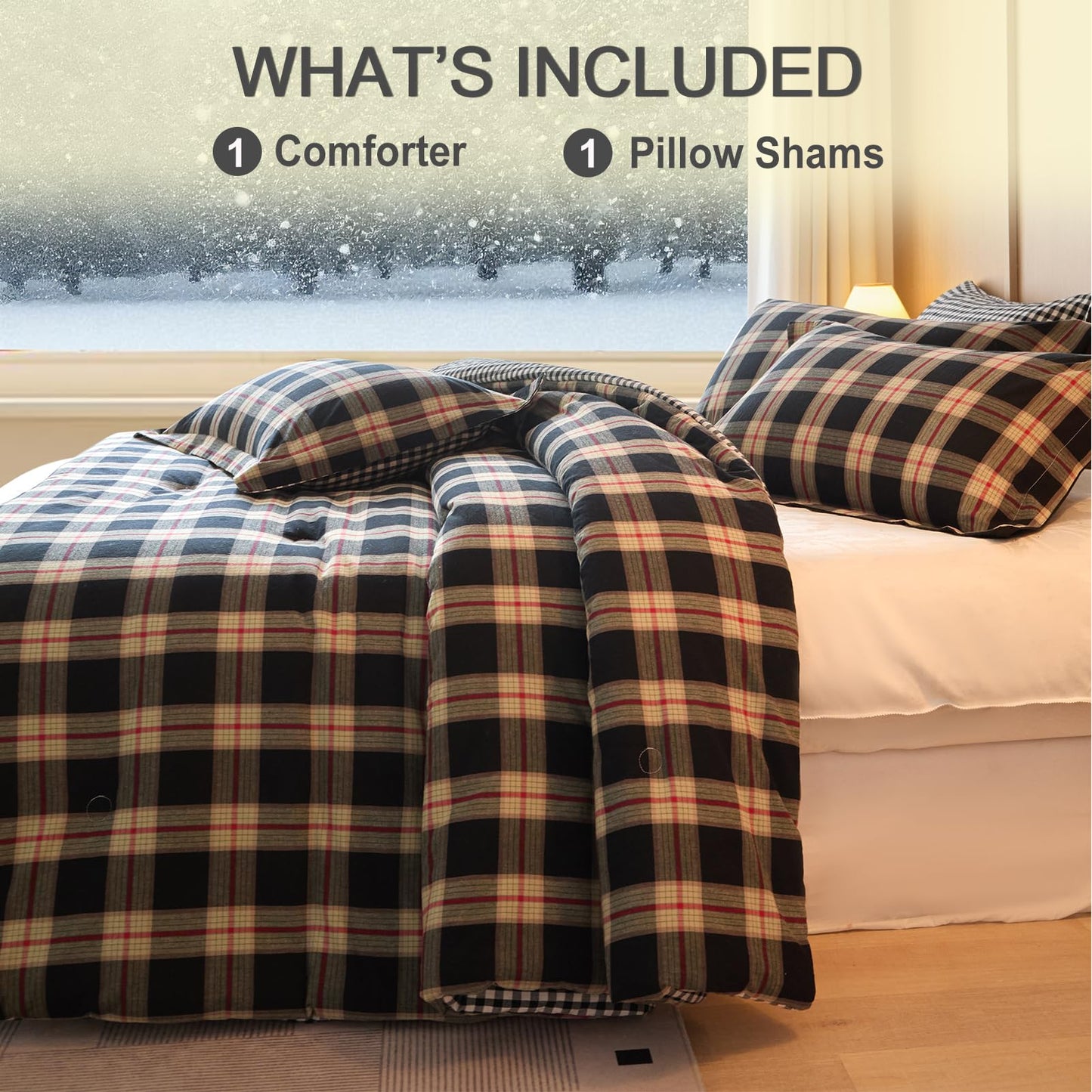 hadamick 100% Cotton Comforter Set Twin Size – Reversible Yarn-Dyed Checkered Design, Soft Washed Cotton on Both Sides, Lightweight All-Season Bedding, Machine Washable(Black Red Plaid, 68”x90”)