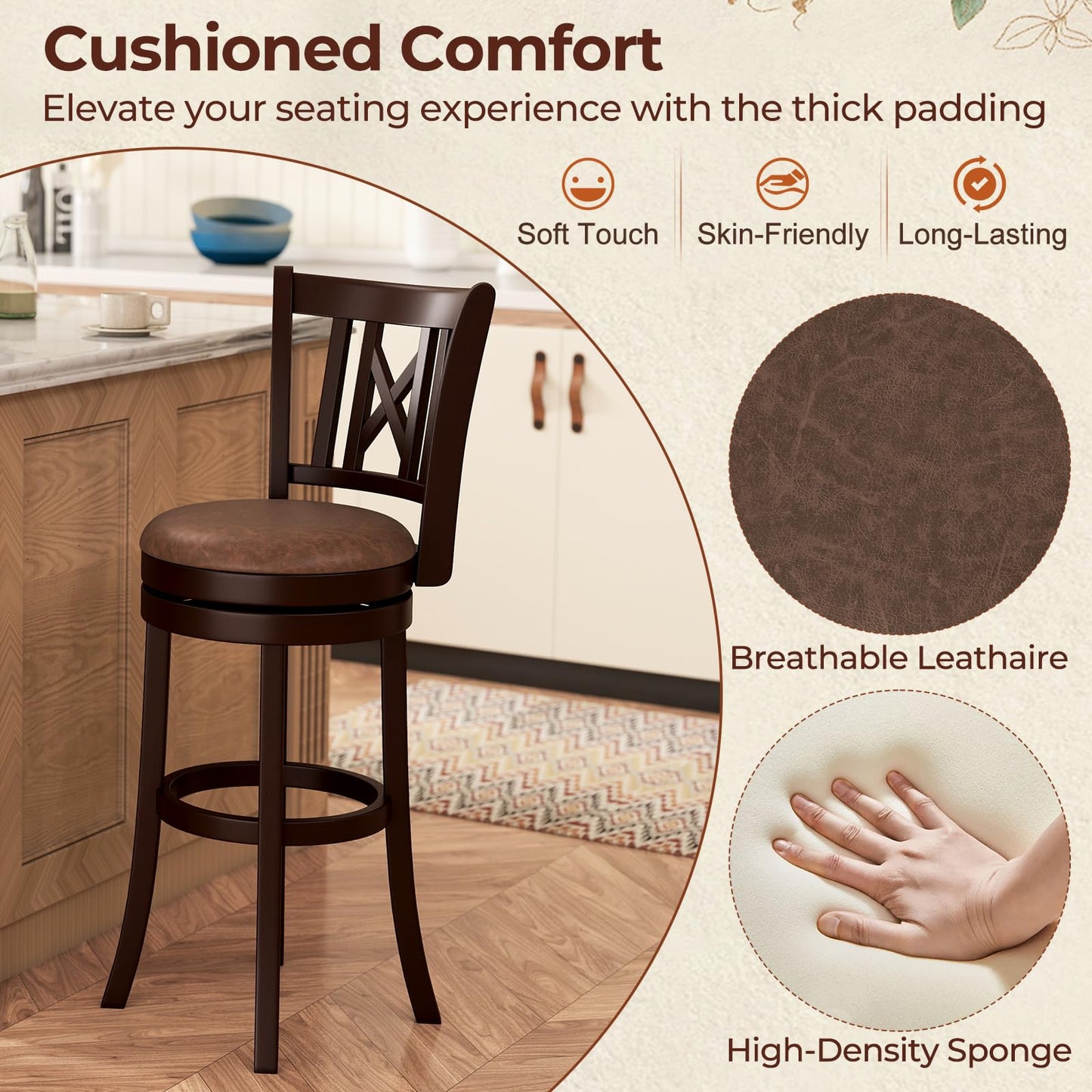 COSTWAY Bar Stools Set of 2, 30” Swivel Bar Chairs with Footrest, Rubber Wood Frame & Hollowed Backrest, Leathaire Bar Height Stools, Padded Counter Stools for Kitchen Island & Pub (2, 30'')
