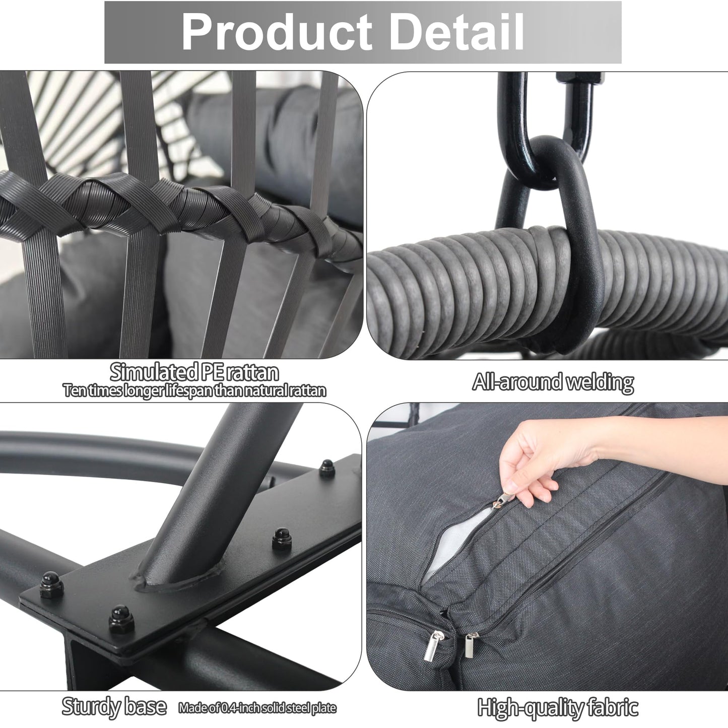 Hanging Egg Chair with Stand - Egg Swing Chair Outdoor Indoor Patio Wicker Chair Swing Hammock Egg Chairs 400lbs Capacity for Outside Patio, Bedroom, Garden and Balcony（Black）