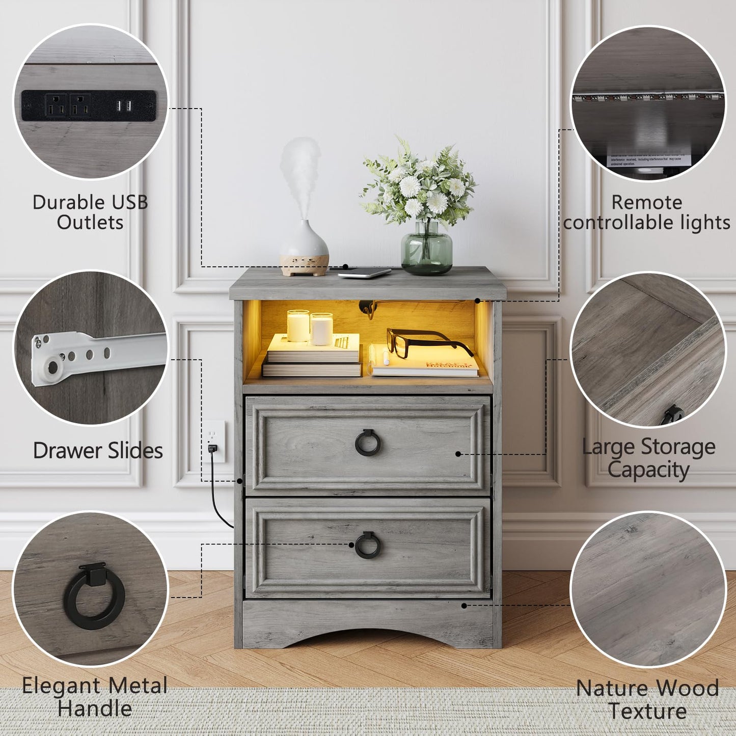 LGHM Nightstand with Strip Lights,USB Outlets Set of 2, Night Stand with Drawers, Accent Bed Side Table and End Table with Open Storage for Bedroom, Living Room,Gray