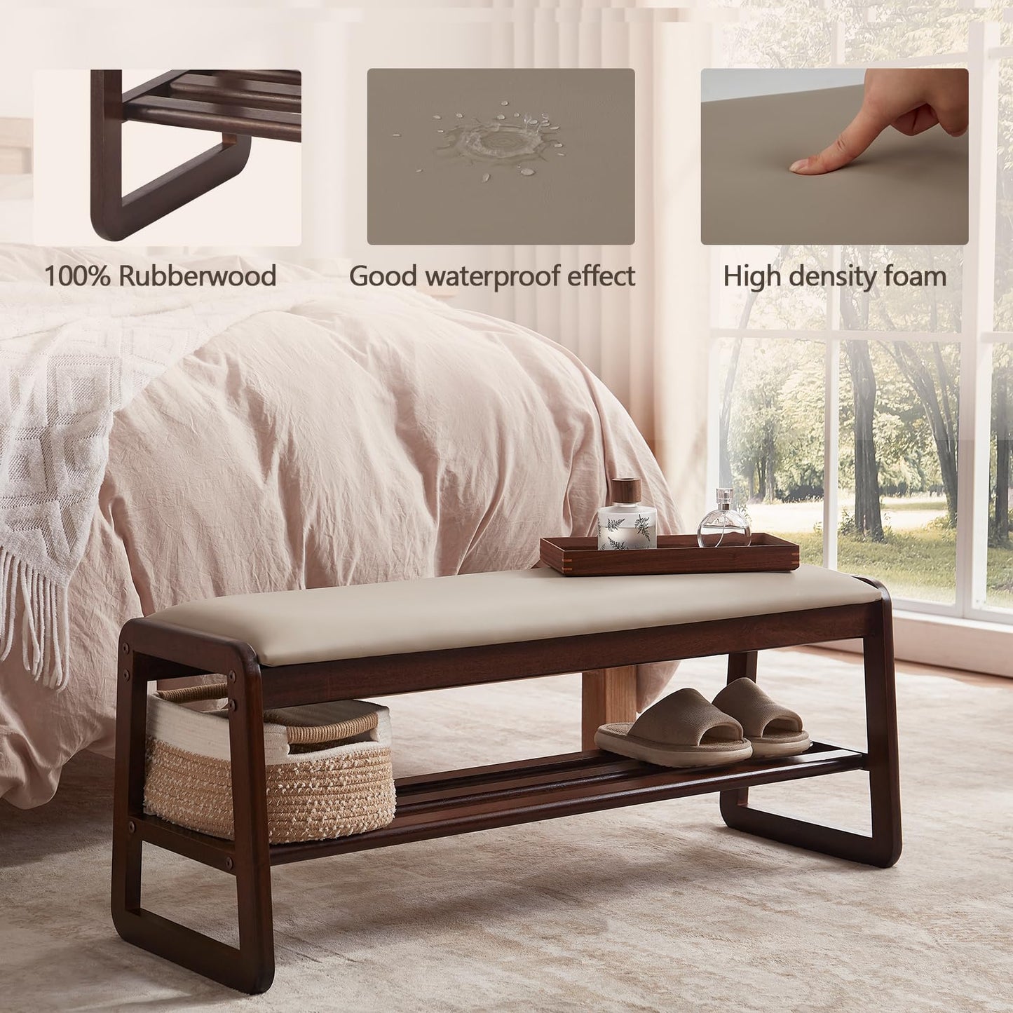 Achicsofar Shoe Rack Bench,2 Tier Wooden Entryway Bench with Shoe Storage, Shoe Rack with Cushion for Living Room, Hallway(Pu Beige, 39.4")