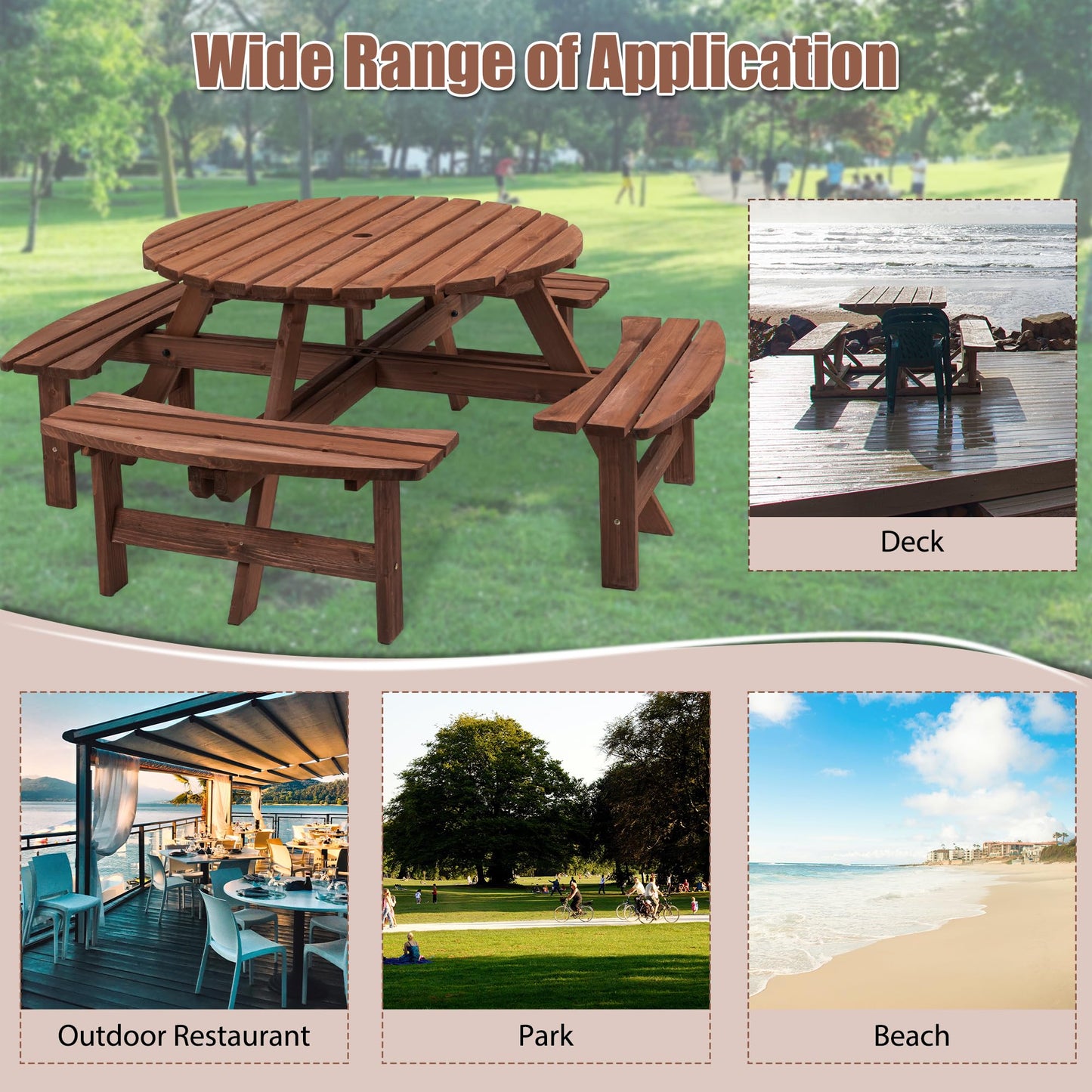 DOPERFE 8-Person Outdoor Round Wooden Picnic Table with 4 Built-in Benches, Outdoor Dining Set with Umbrella Holes, 2220 lb. Weight Capacity for Garden, Lawn, Patio (Brown, 70.07"*70.07"*27.55")