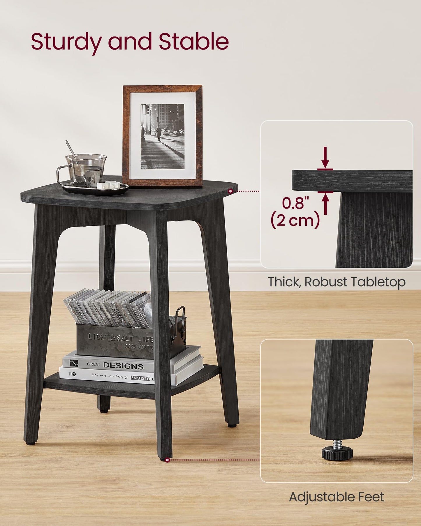 VASAGLE Side Table, Small Square End Table with Lower Shelf, Nightstand for Small Spaces, Living Room, Bedroom, Charcoal Gray ULET236B01