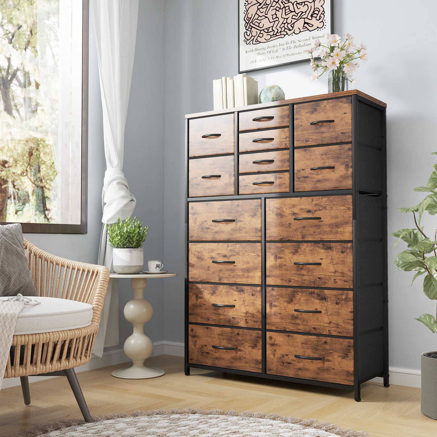 Bepatio 16 Drawers Dresser for Bedroom 57" H Tall Dressers for Bedroom Large Fabric Dressers & Chest of Drawers with Sturdy Metal Frame, Wood Top, Closet, Entryway, Hallway (Rustic Brown)