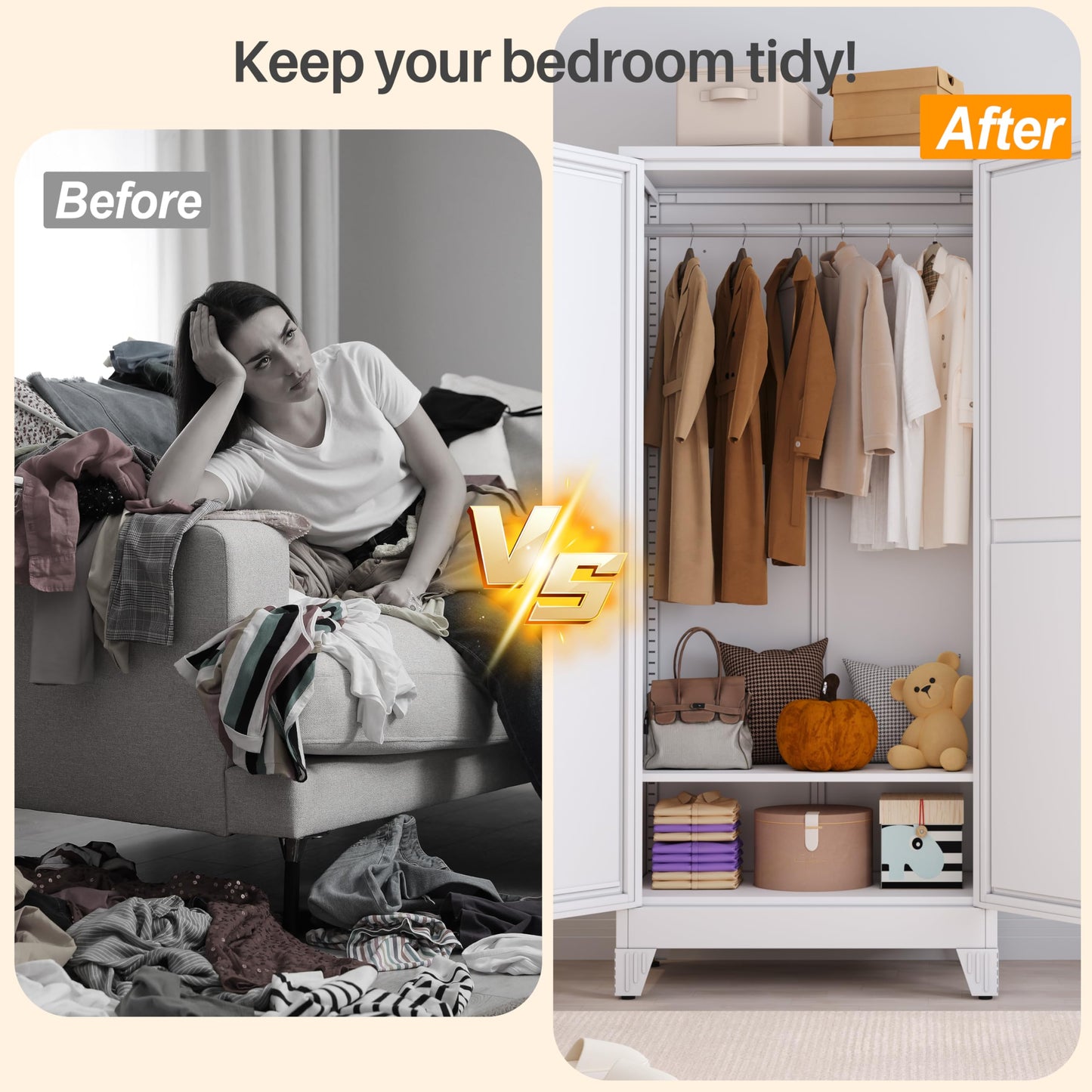 RIETERN Metal Armoire Wardrobe Closet, 71" Tall Bedroom Closet with Mirror, Adjustable Shelves, and Hanging Rod, Steel Clothes Closets and Storage, for Bedroom White