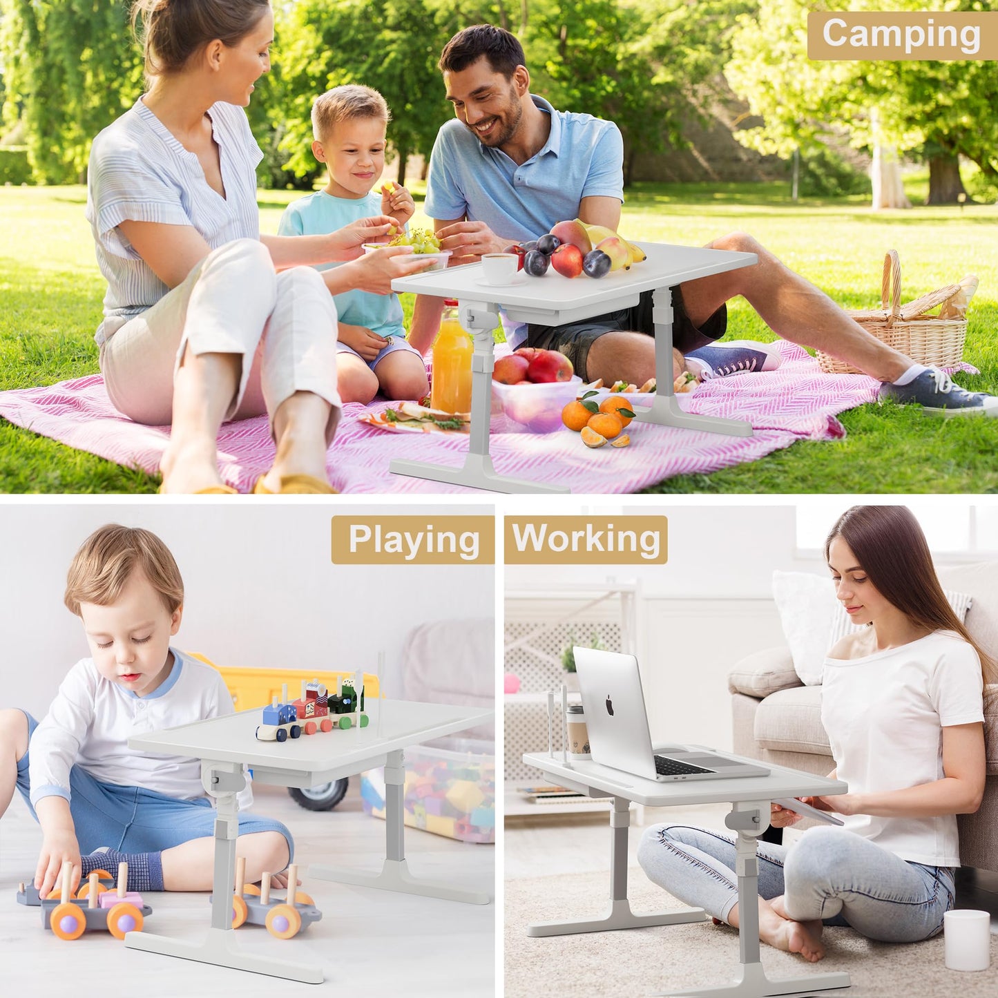 INHABIT UNION Laptop Desk for Bed with Drawer,Folding Lap Desk with Adjustable Heights and Angles, for Working Reading Writing,Bed Sofa Couch Laptop Table with USB Light Fan 23.6in (White)