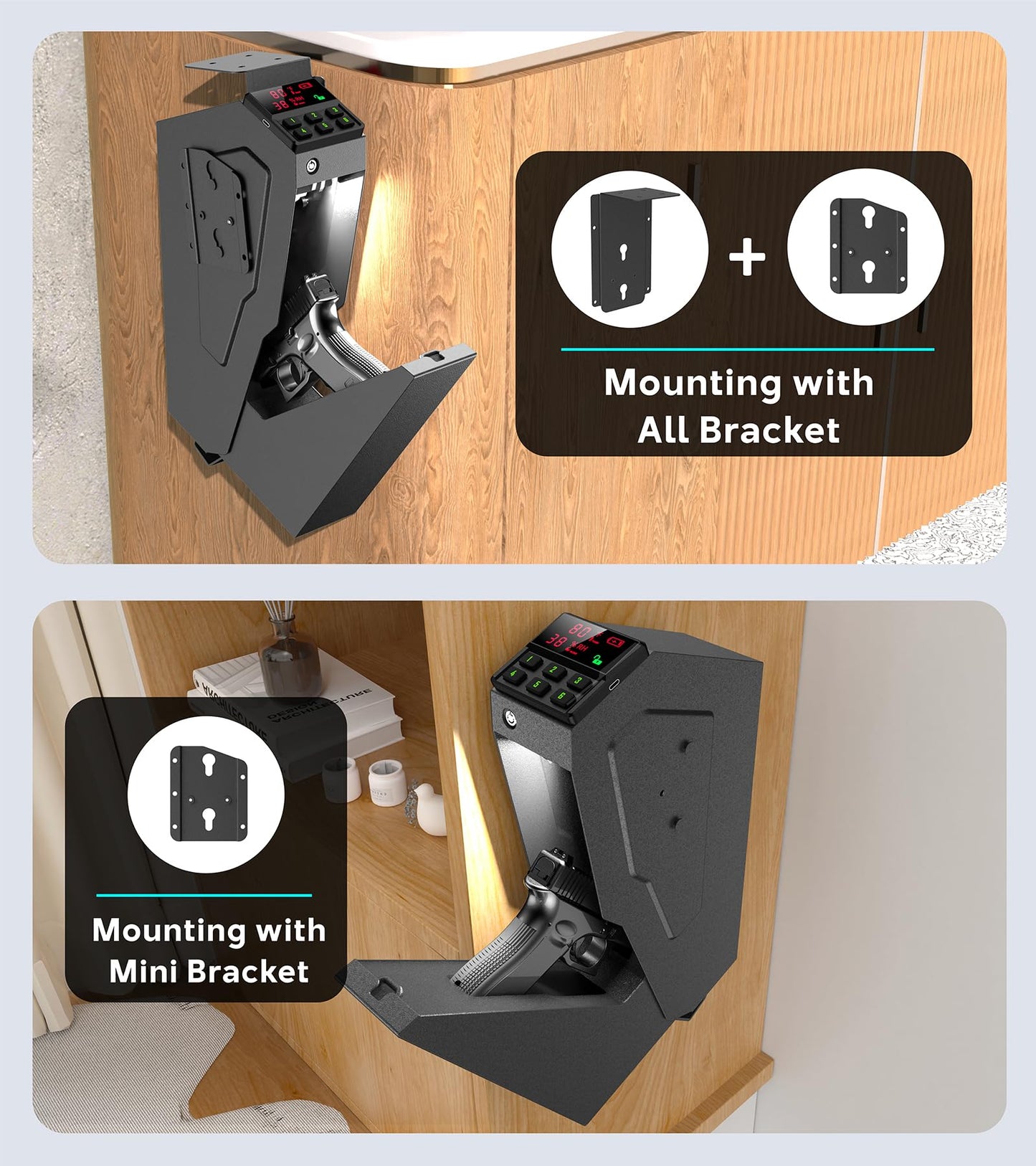 QINGENO Quick-Access Mounted Nightstand Handgun Gun Safe,Auto Open Lid Smart Pistol Safe with Keypad Lock/Key Lock (QG8002E Keypad)