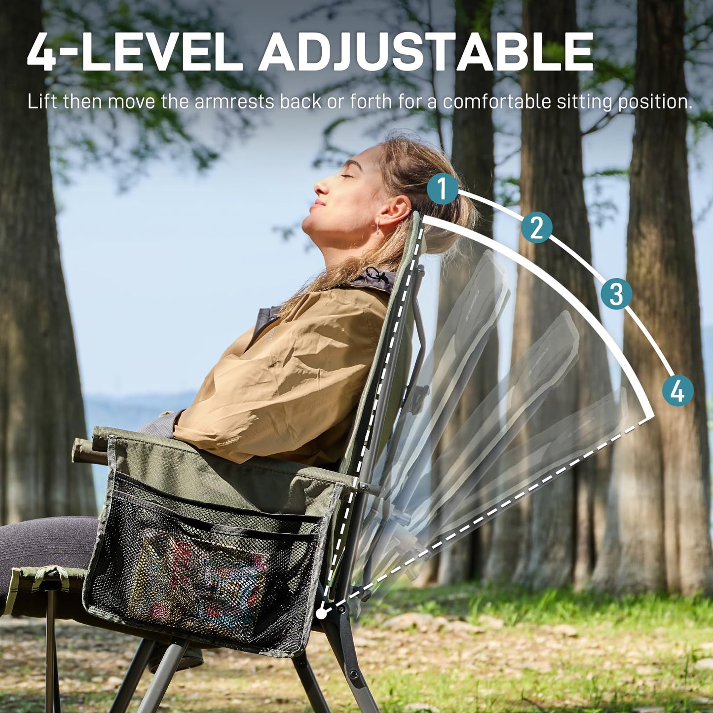 EVER ADVANCED Reclining Camping Chairs for Adult Lightweight, Folding Recliner Chair with Adjustable Back, 4-Level Lounge Chairs, Portable Lawn Chairs for Patio Balcony, Supports 350lbs Green