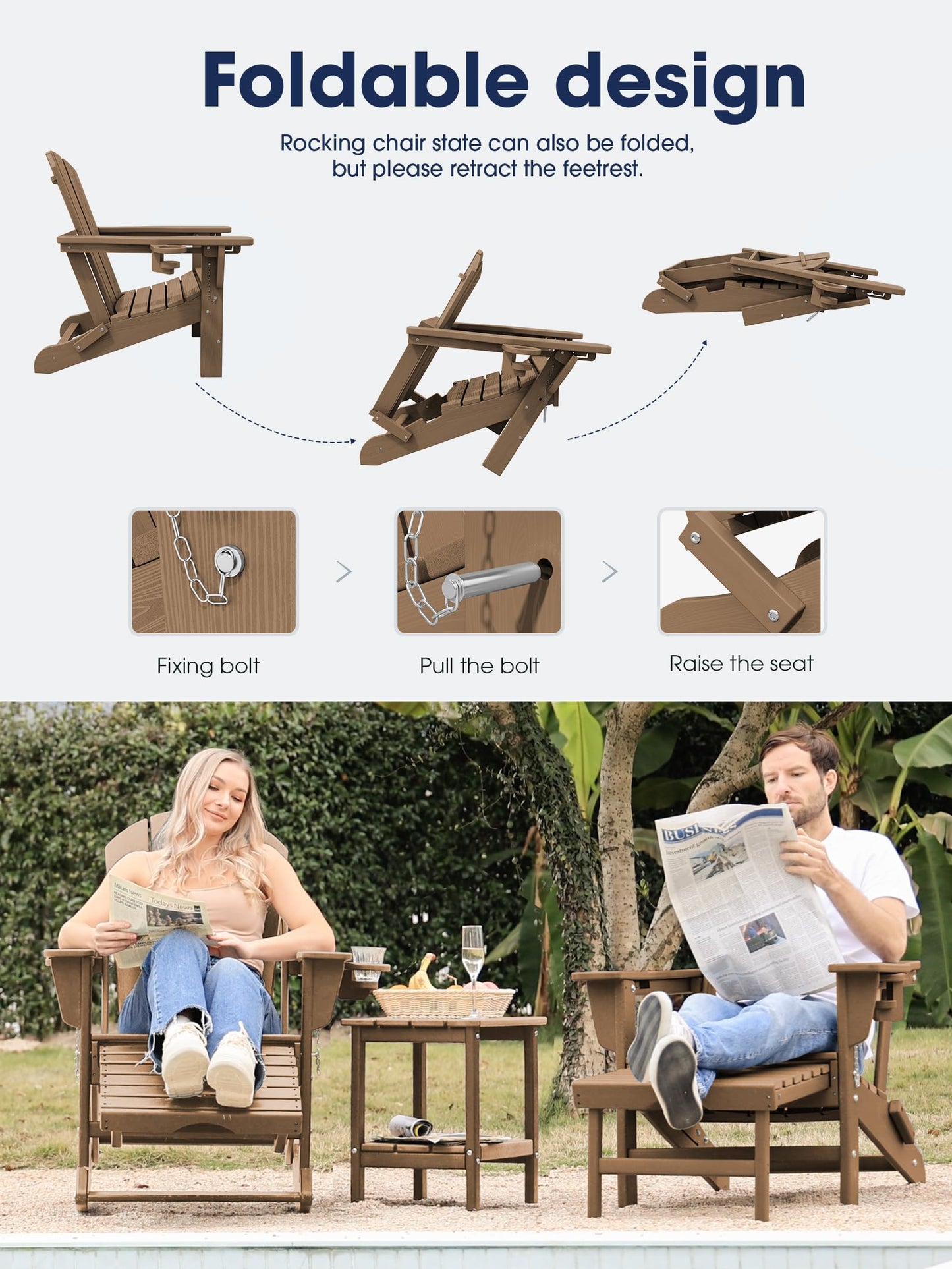 KINGYES Adirondack Rocking Chair Set of 2 with Retractable Ottoman and Cup Holders, HDPE Adirondack Rocker Patio Rocking Chair for Porch, Patio, Balcony, Brown