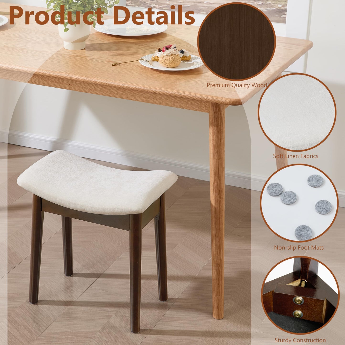 Royal Windsor Vanity Stool with Saddle Cushion, 18 Inch Makeup Vanity Chair for Living Room, Morden Foot Stool Ottoman Piano Bench, Upholstered Vanity Bench Seat for Bedroom, White