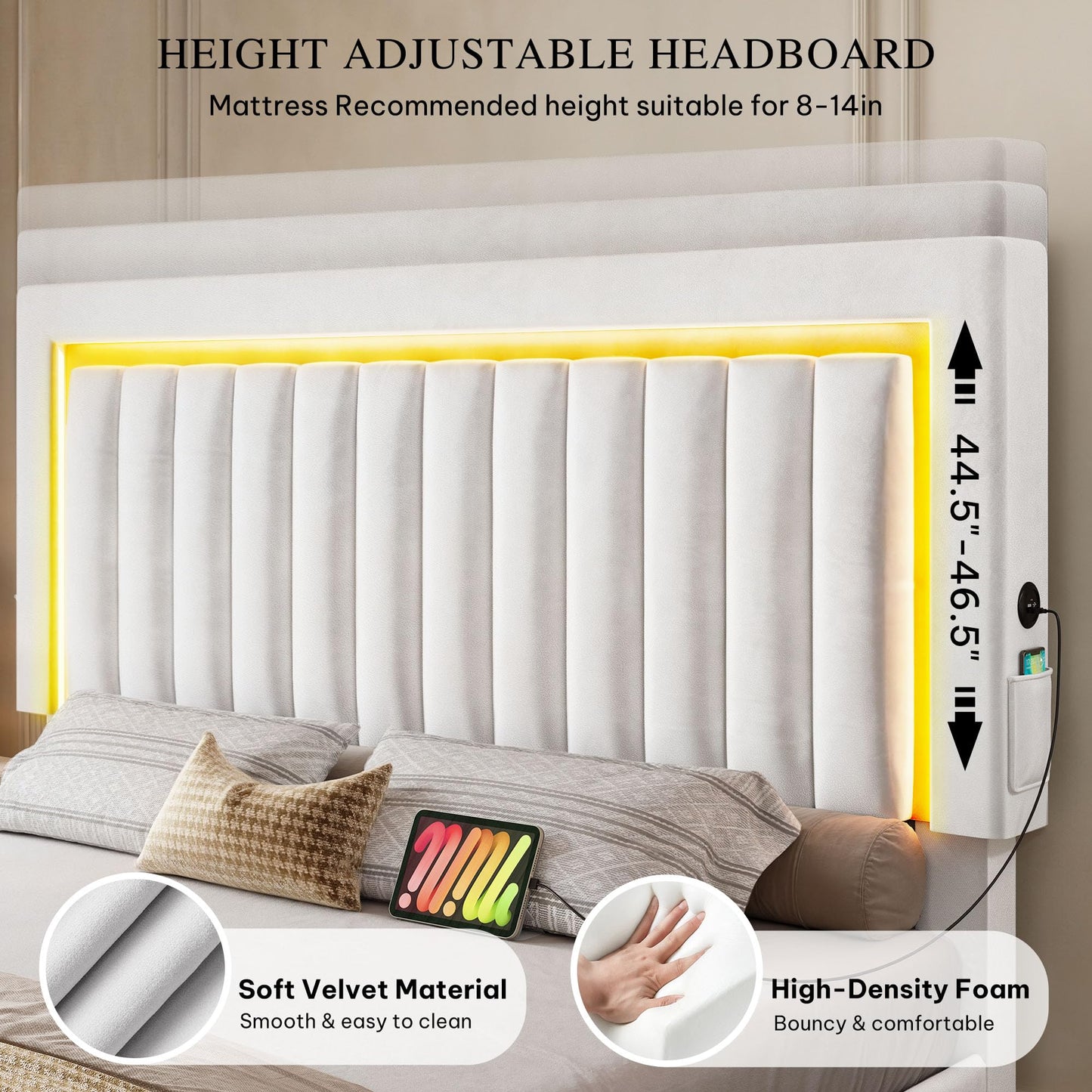 DWVO King Size Bed Frame with Adjustable Headboard, 4 Storage Drawers and RGB LED Lights, Velvet Upholstered Platform Bed with USB Ports, No Box Spring Needed, Fast Assembly, Noise-Free, White