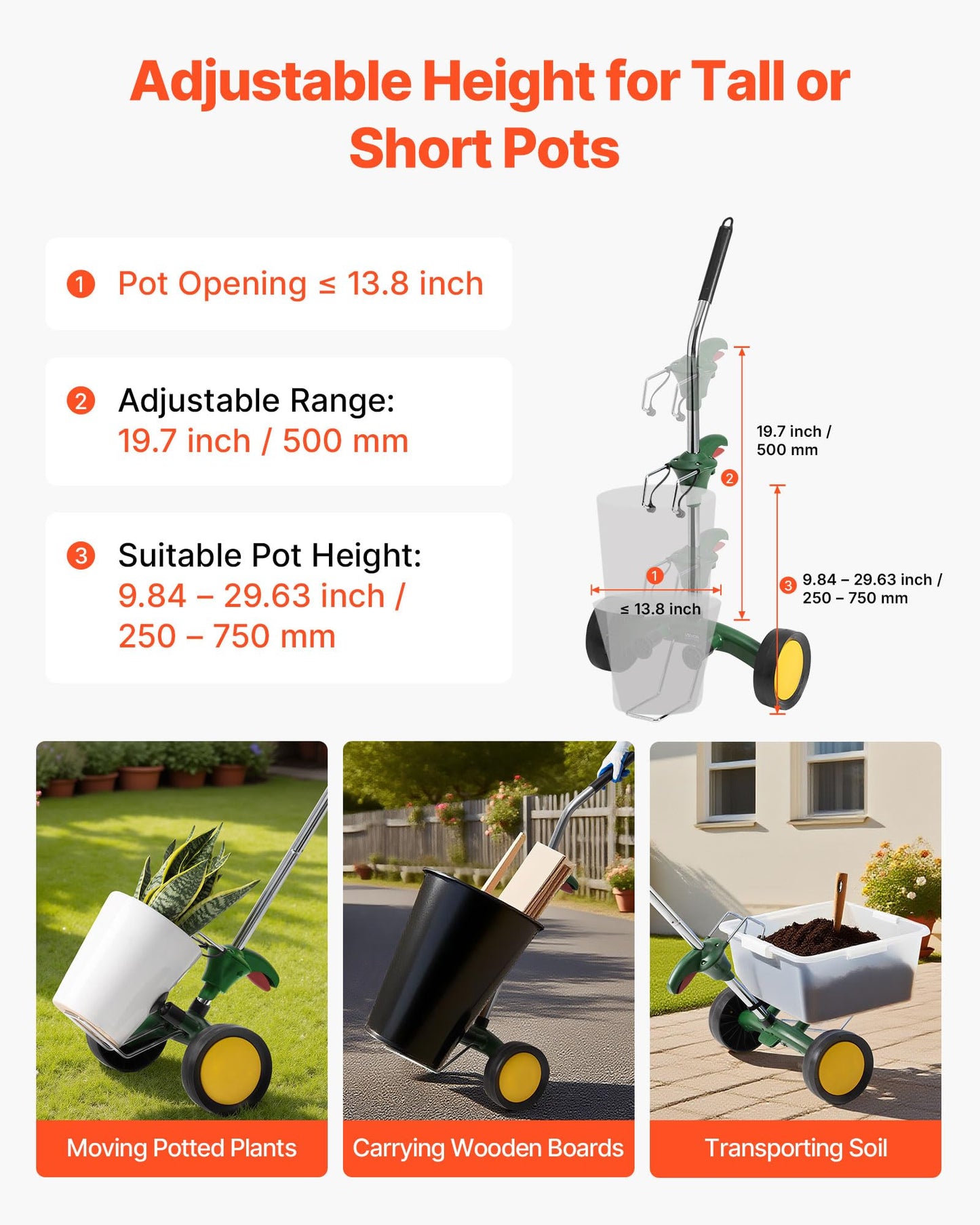 VEVOR Garden Pot Mover, Heavy Duty Plant Dolly Cart with Adjustable Grabbing Arm, Max 143 LBS Weight Capacity, Potted Plant Mover Dolly with Suction Cup and Secure Lock, Fits for Indoor & Outdoor Use