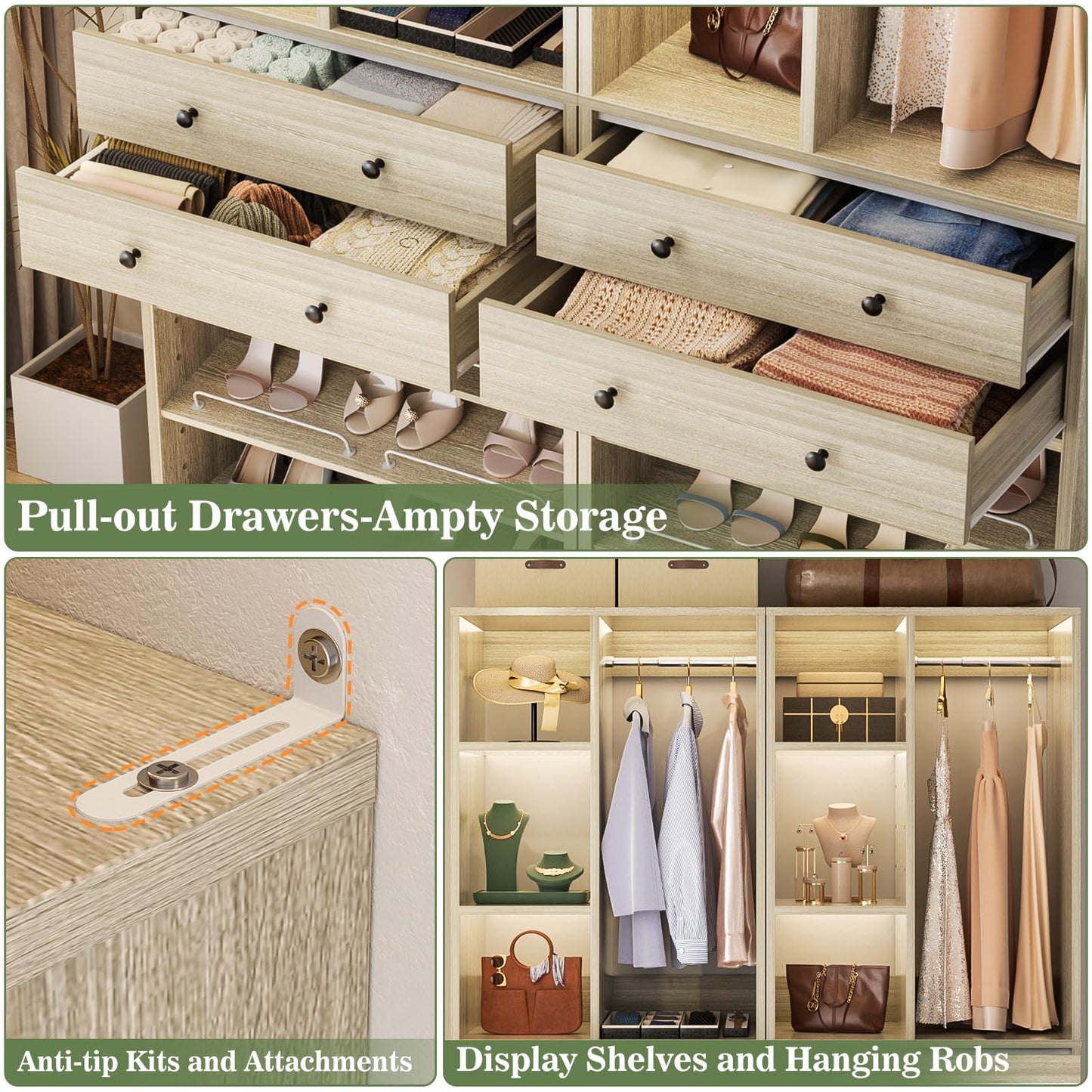 Besiost Closet System, 111"/9.3 FT Closet Organizer System with 8 Drawers and Shelves, Can Fit 120"/10FT Walk-in Closets Systems, Free Standing Reach in Closet Tower, Load 2400+LBS, Greige