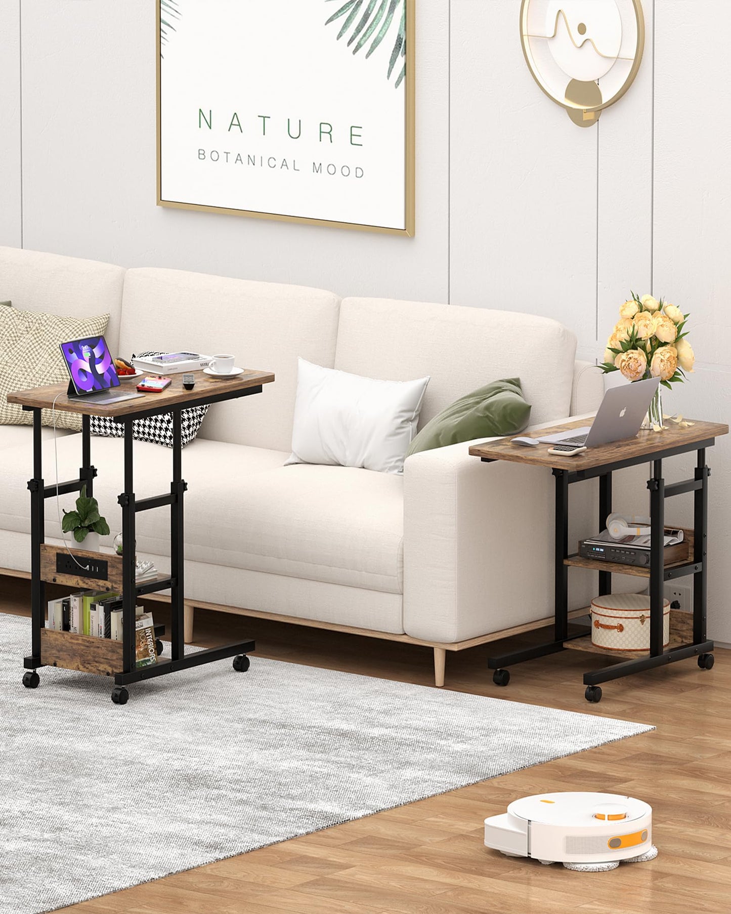 C Shaped End Table Height Adjustable - Couch Side Table with Charging Station, TV Tray with Wheels Slide Under Sofa for Small Spaces, Living Room Bedroom, Rustic Brown