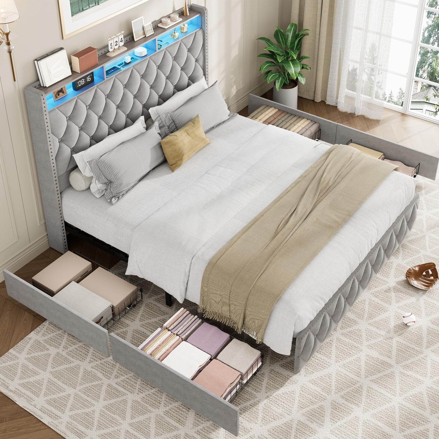 GarveeHome Queen Bed Frame with 50.8" Tall Headboard, Platform Velvet Upholstered Bed Frame with 4 Storage Drawers, USB Charging Station, Led Lights, No Box Spring Needed, Easy Assembly, Dark Grey