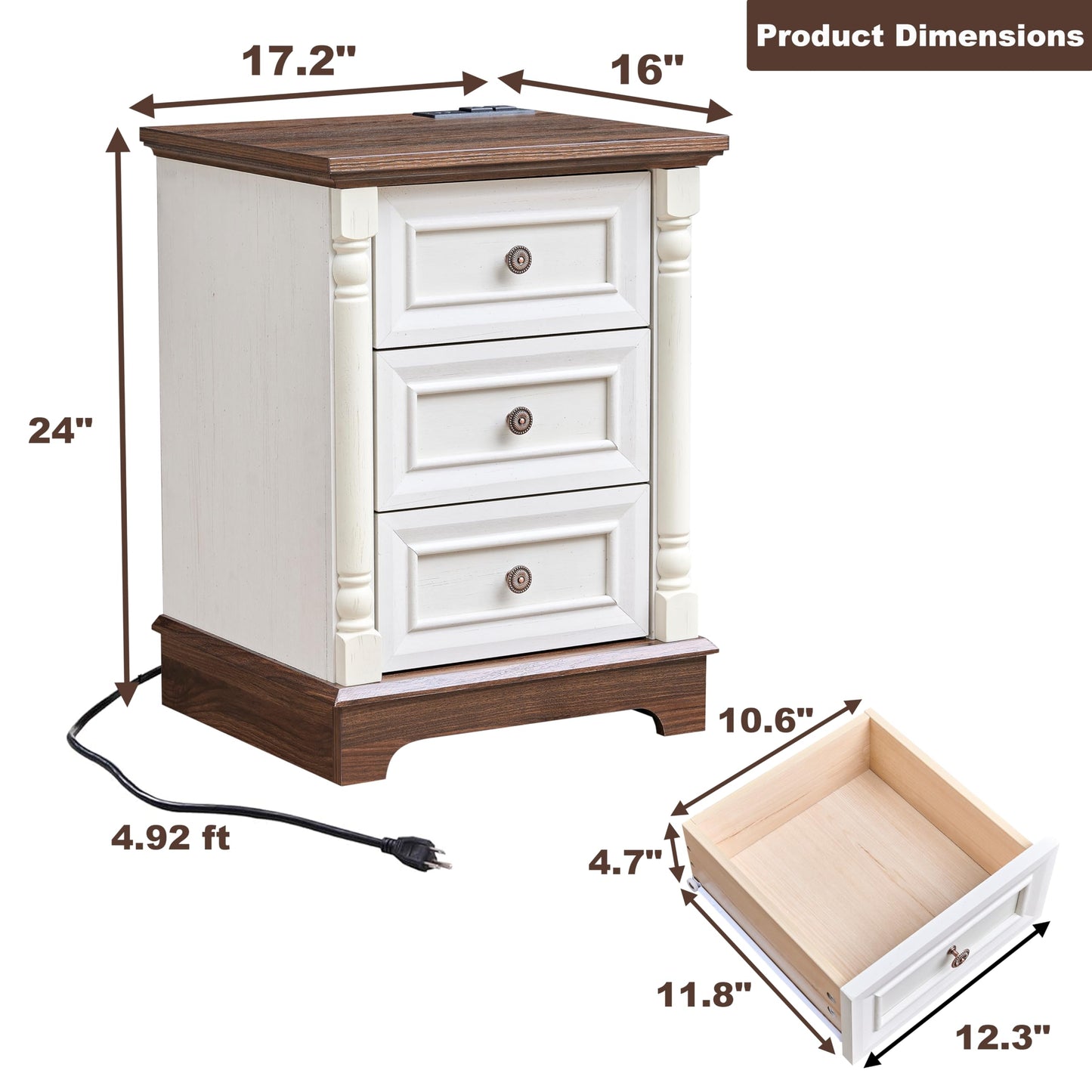 OKYCI Nightstand with Solid Wood Roman Column & Charging Station, Modern 3-Drawer Bedside Table, Farmhouse Wood End Table with Storage for Bedroom/Living Room/Office, Antique White & Brown