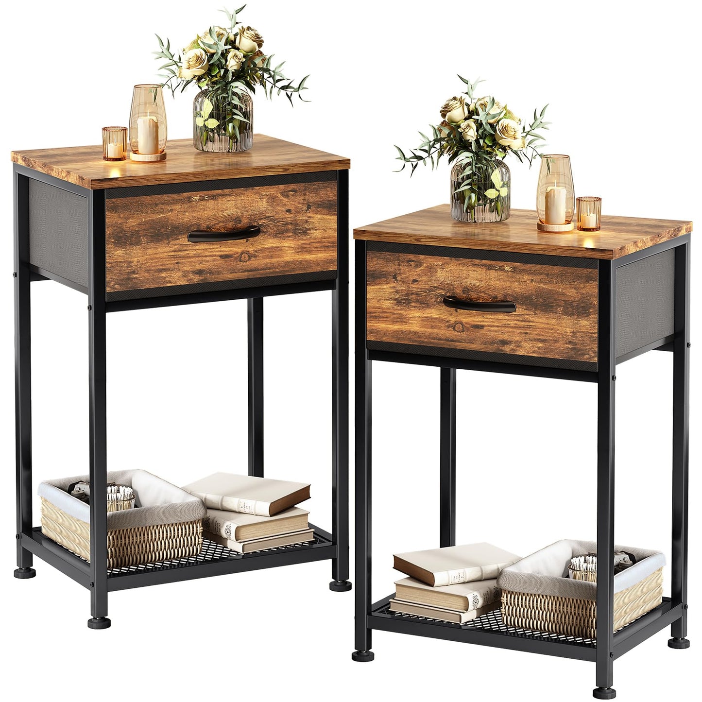 Kitstorack Night Stands Set of 2,End Tables with Drawer for Bedroom Bed Side Table for Home, Rustic Brown Wood Night Stand Bedroom Nightstands Bedside Table Set of 2