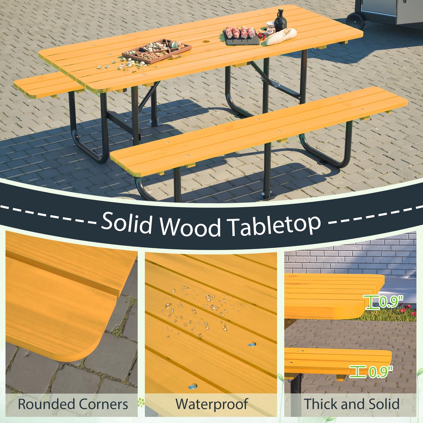Outdoor Picnic Table with Benches, 6 - Person Picnic Table, Wooden Patio Dining Set, 1.97'' Umbrella Hole, Waterproof and Rounded Corners Design for Backyard, Garden, Park, Restaurant, Picnic, Yellow