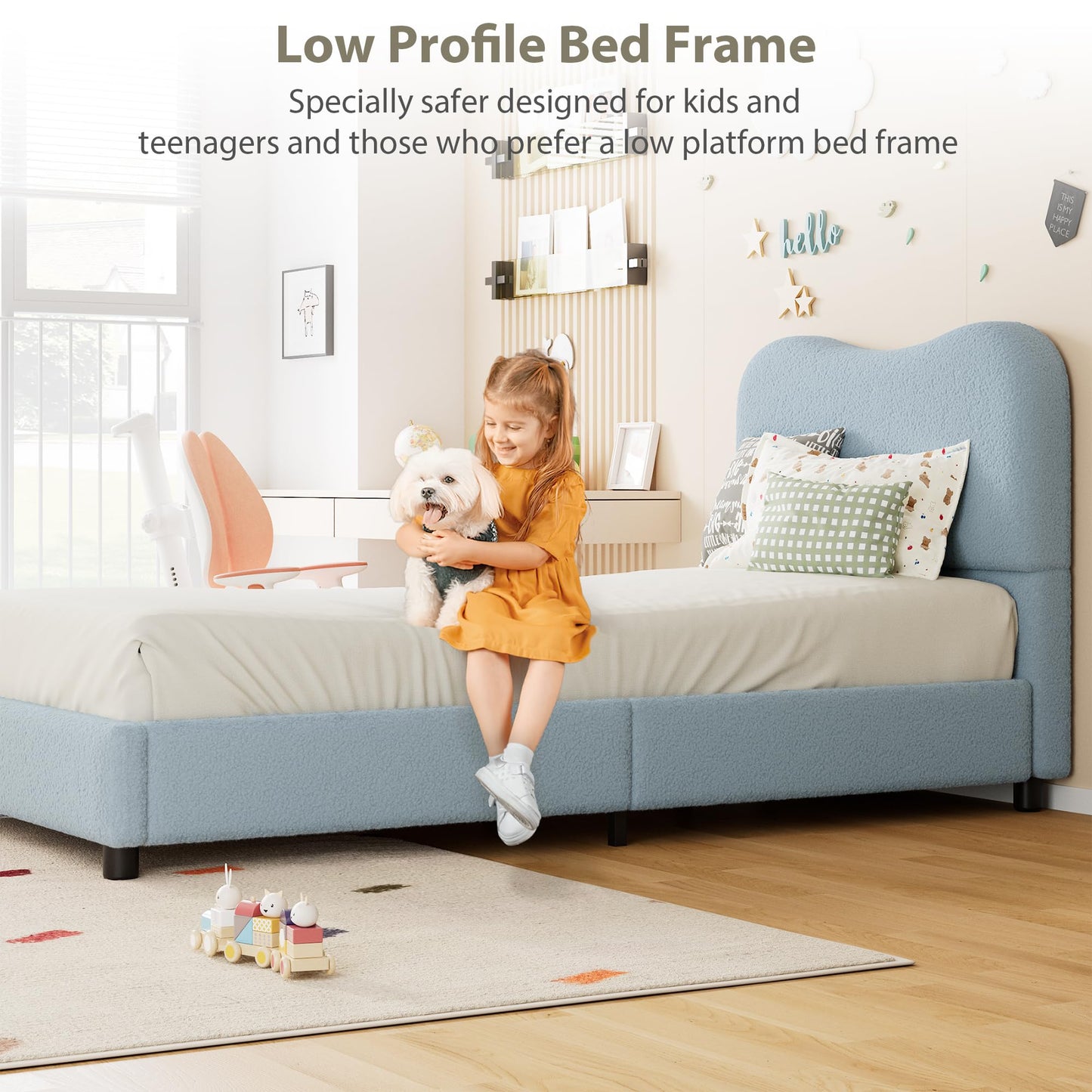 Senfot Blue Twin Kids Bed Frame with Upholstered Headboard, Low Profile Sturdy Platform Bed with Soft Boucle Fabric for Girls and Boys, Heavy Duty, Wooden Slats, Noise Free, No Box Spring Needed