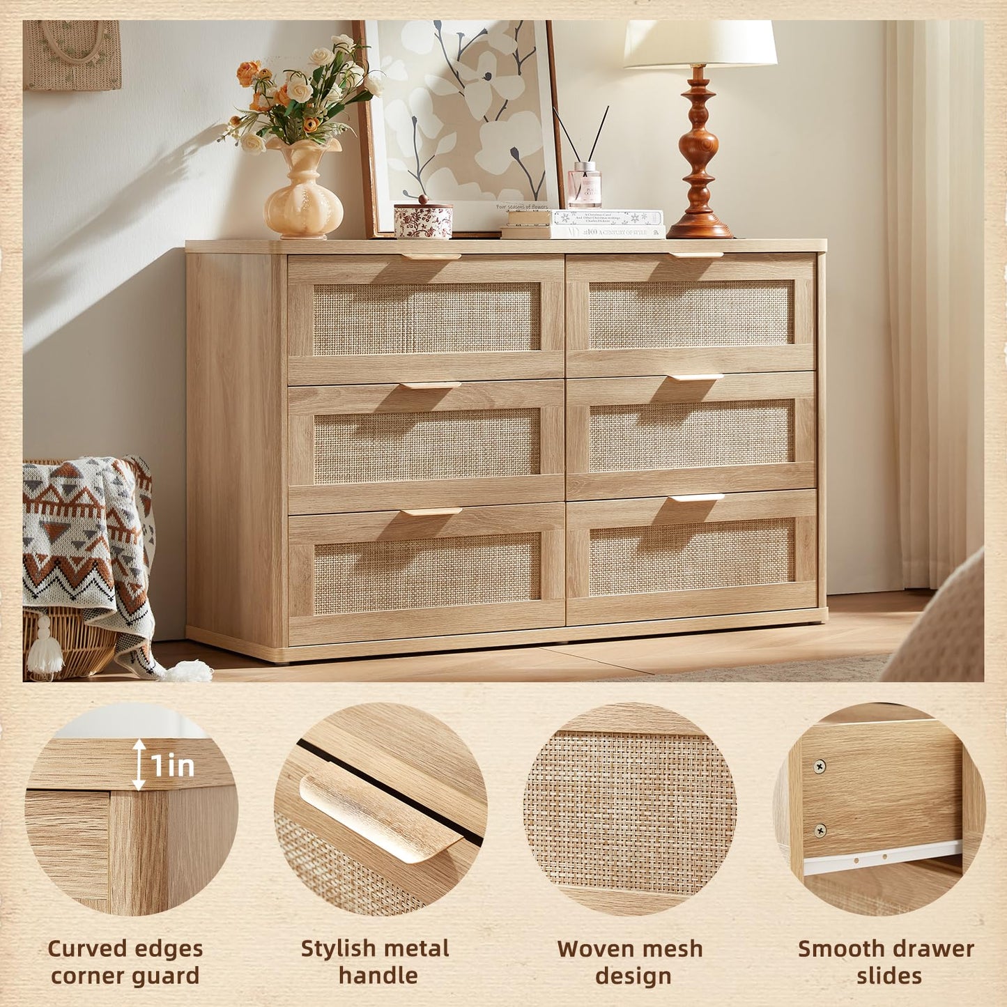 LEYAOYAO Rattan 6 Drawer Dresser for Bedroom, Boho 48" Wide Natural Wood Dresser Chest of Drawers, Dressers TV Stand with Metal Handle, Storage Dressers Closet Organizer for Living Room, Hallway