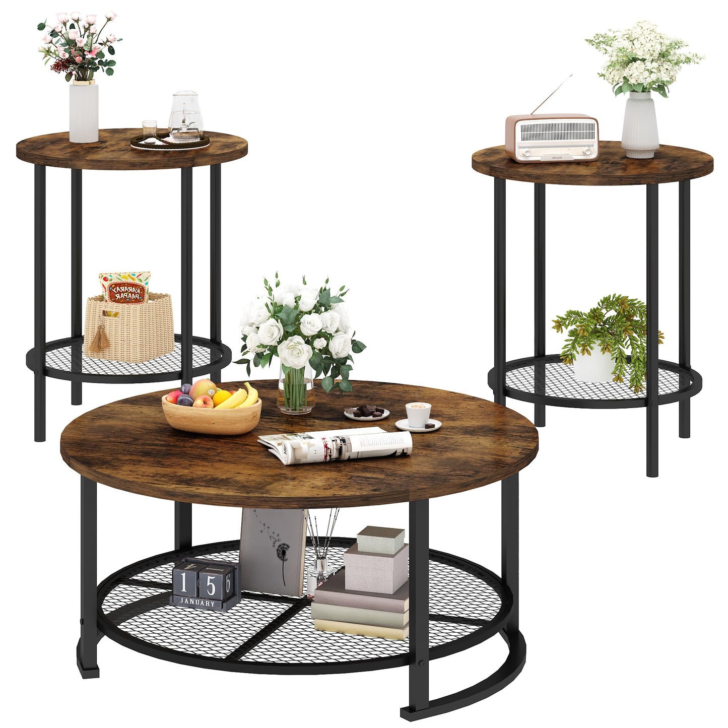 DKLGG 3-Piece Coffee Table and End Table Sets for Living Room, Round Coffee and End Table Set of 3 with Large Storage, Modern Farmhouse Furniture for Apartment Home (Rustic Brown)