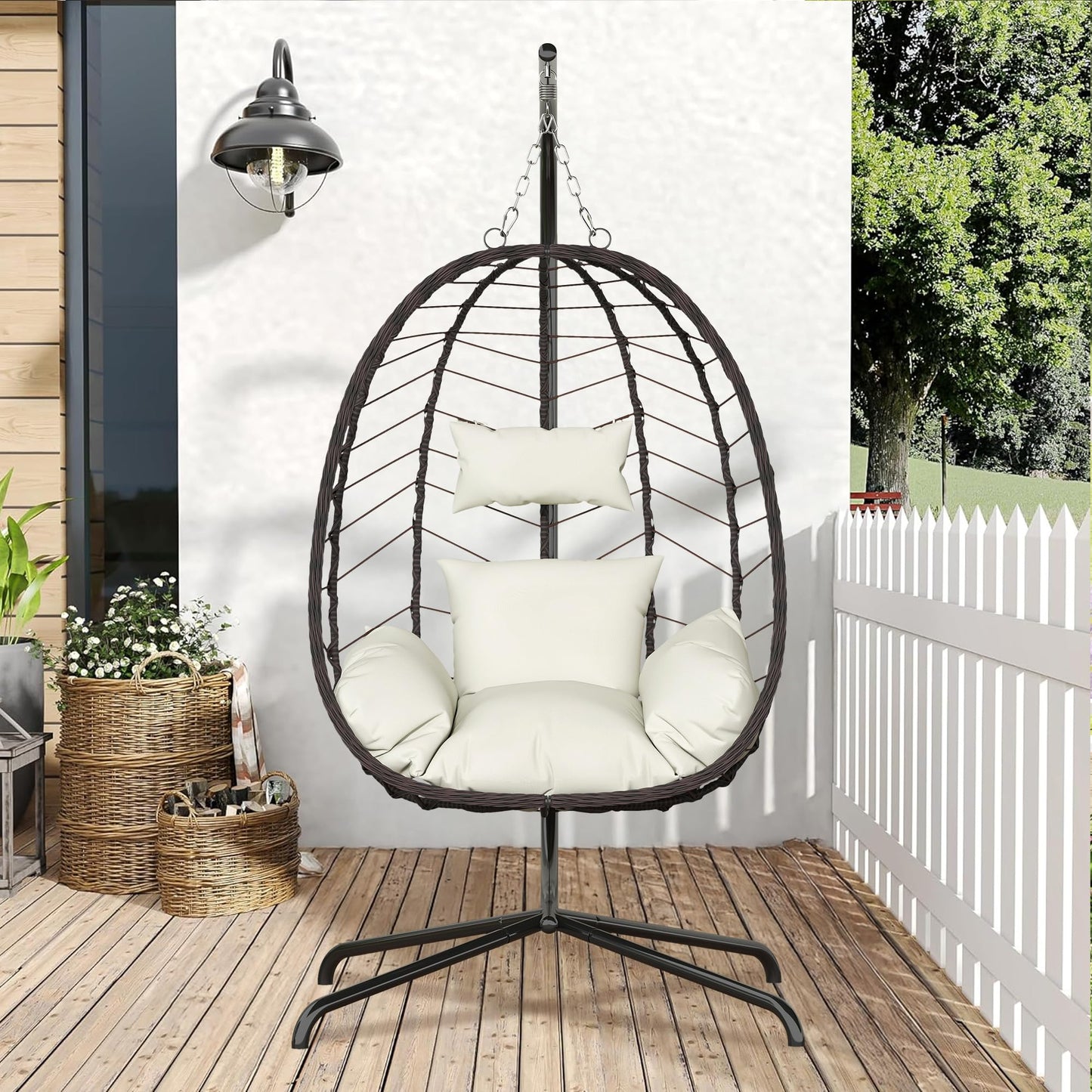 LEX CRAFT Hanging Egg Chair with Stand, Swinging Egg Chair Outdoor Indoor, Hanging Basket Chair with Cushion, Patio Wicker Hammock Chair 350lbs Capacity for Bedroom, Balcony, Backyard, Garden (Beige)