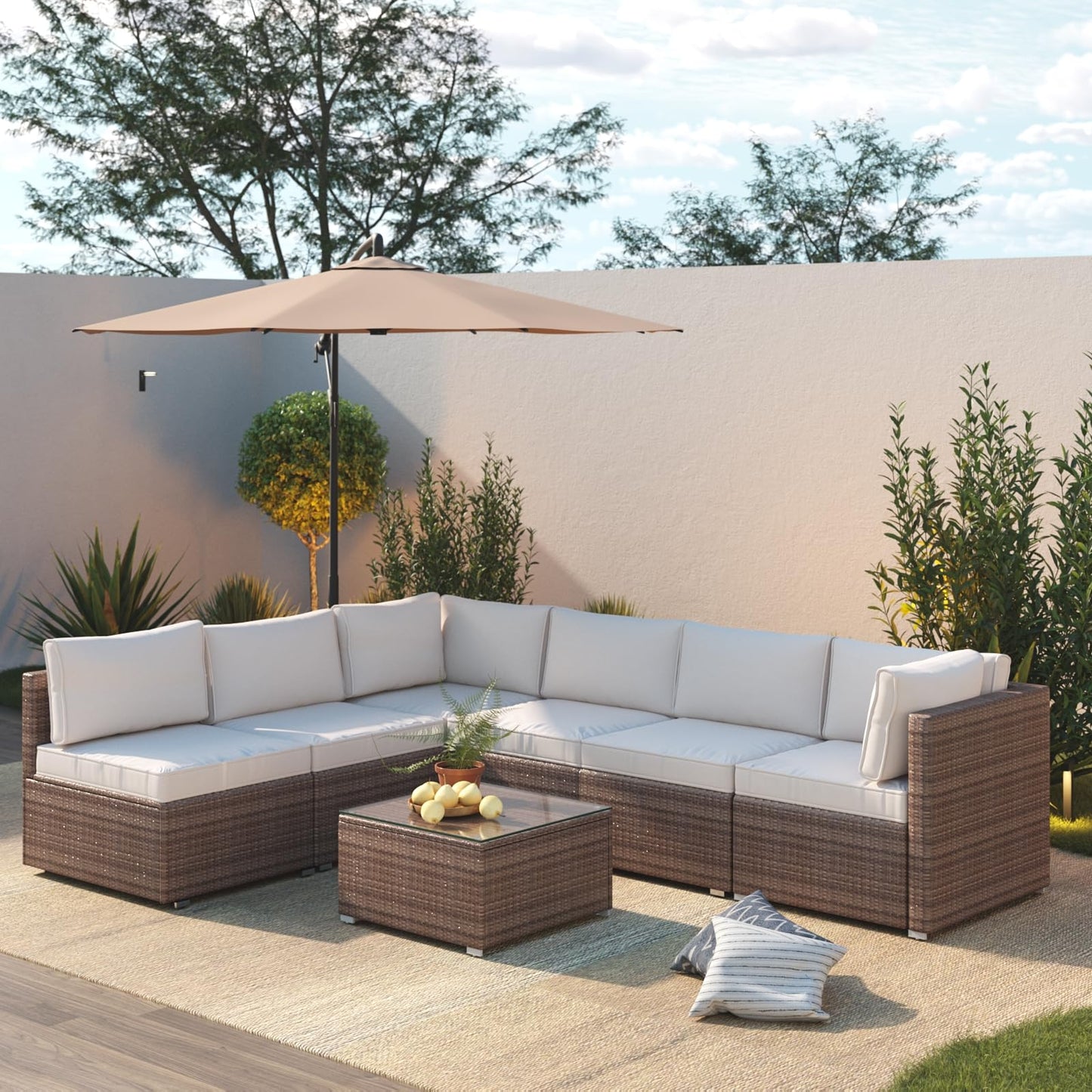 Naga Bahna 7 Piece Patio Furniture Set, Outdoor Patio Conversation Set, All-Weather Rattan Wicker Sectional Sofa Couch w Water Resistant Thick Cushions, 2 Extra Pillows and Coffee Table, Beige/Brown