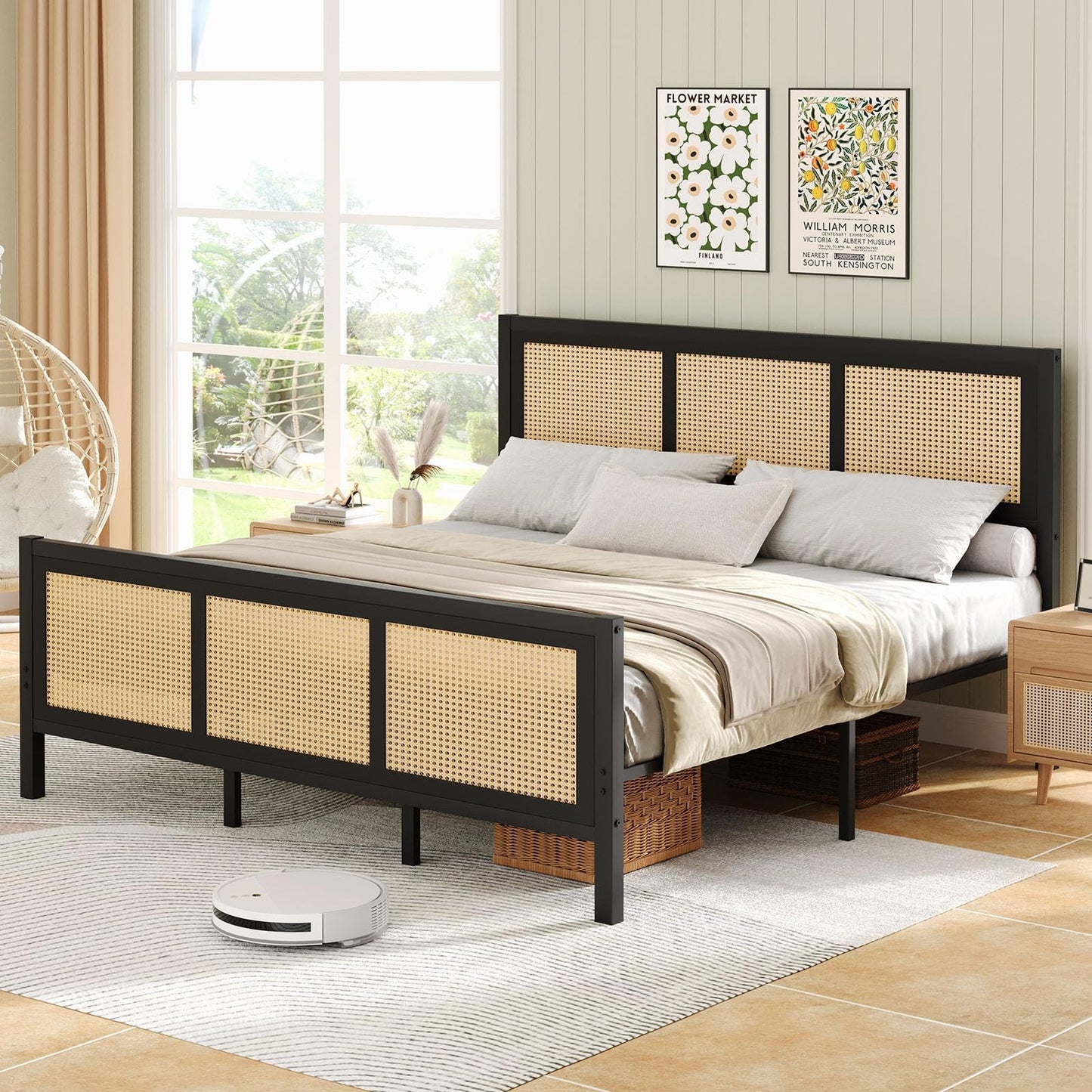 CHABUILDREARK Rattan Bed Frame King, Boho King Bed Frame and Headboard, Metal Platform King Size Bed Frame with Strong Slats Support, No Box Spring Needed, Noise-Free, Easy Assembly, Black