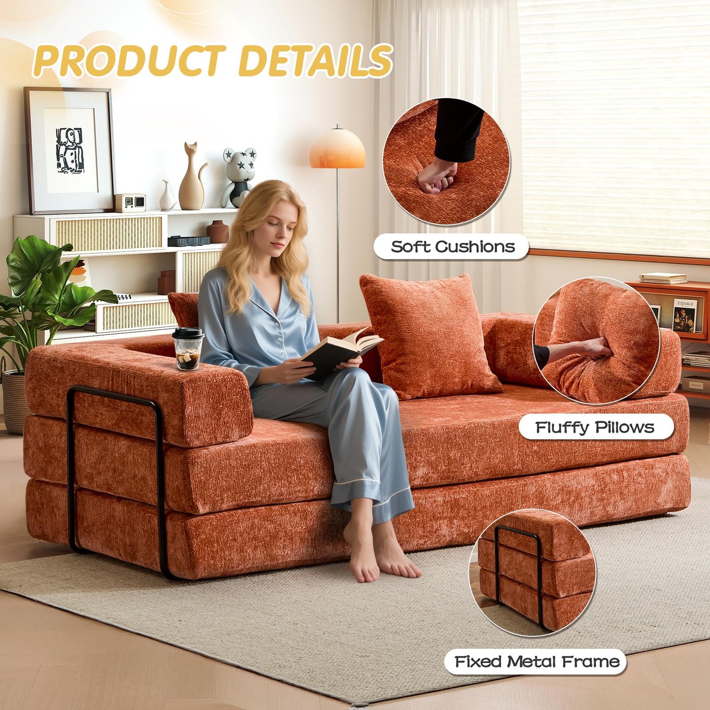 Convertible Folding Sleeper Sofa Bed, Boneless Couch with Fixed-Shape Frame, Compression Foam Sofa, Futon Foldable Mattress, Pull Out Couch Bed for Living Room Bedroom Lounge(Chenille, Orange)