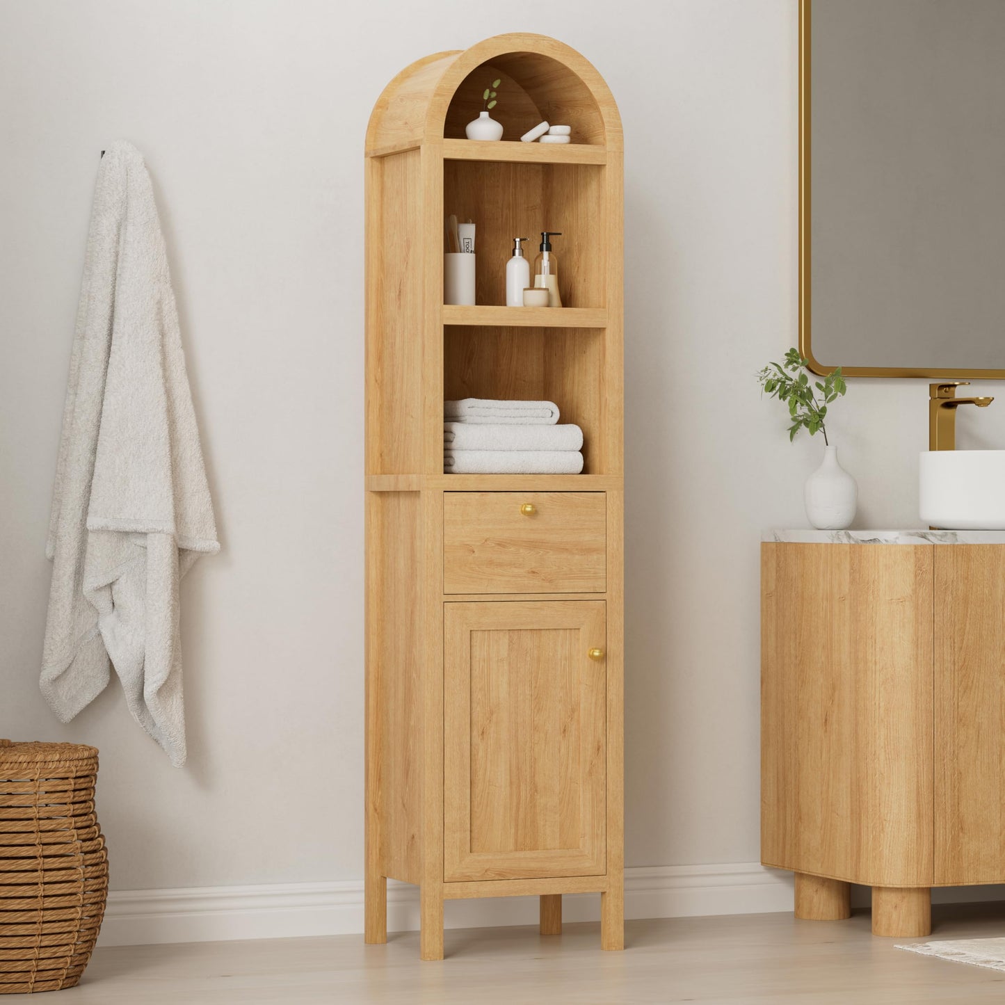 MoomJiee 67" Tall Arched Bathroom Storage Cabinet, 5 Tiers Arch Kitchen Pantry Cabinet with 1 Door and 1 Drawer, Farmhouse Arched Bookcase with 2 Adjustable Shelves for Bathroom, Kitchen, Natural Oak