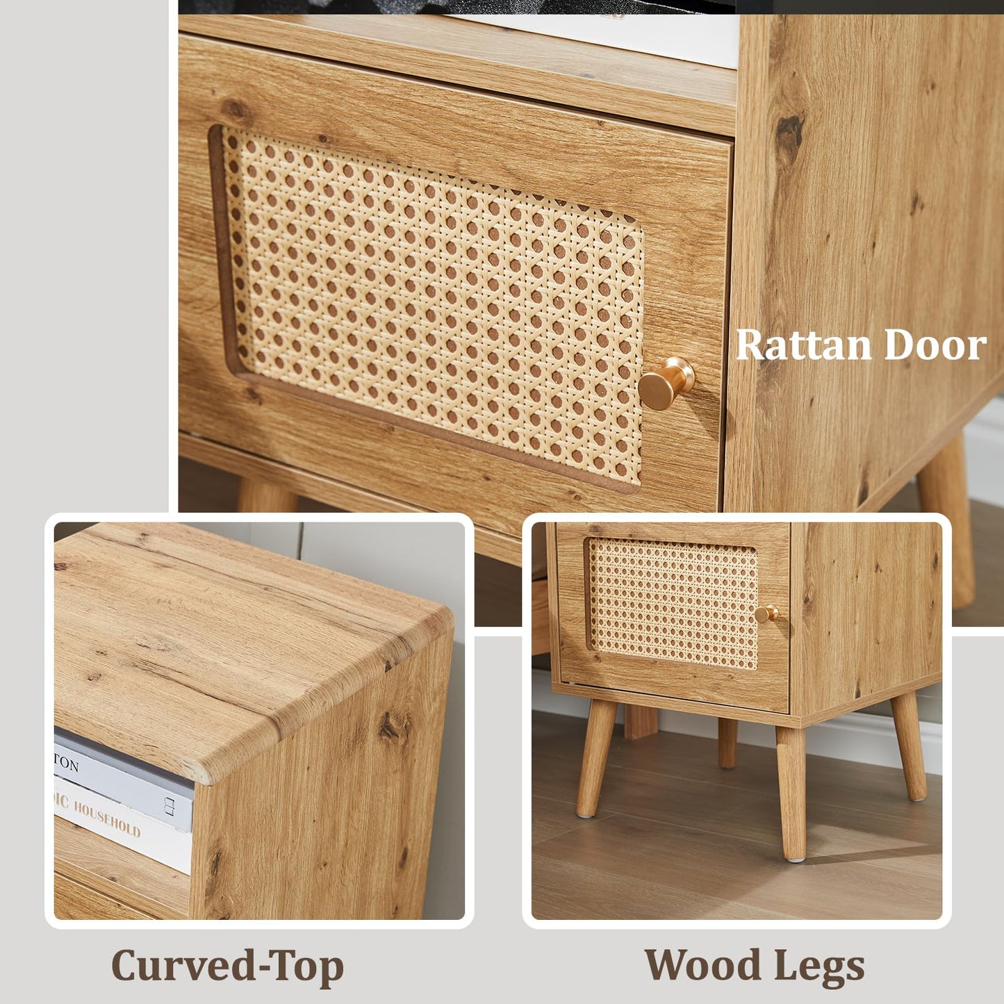 Noskatu Nightstands Set of 2,Night Stand with Rattan Decor Door,16" Modern Side Table with Curved-Top,Bedside Table with Wood Legs and Anti-Slip Pads for Bedroom,Living Room,Nature Wood