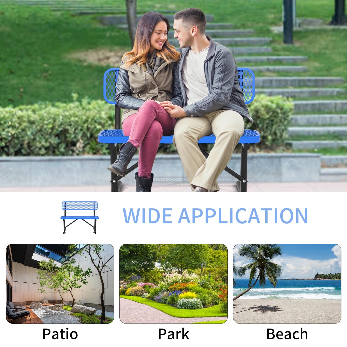 Sunnibety 4 Feet Heavy Duty Metal Park Bench for Outside, Outdoor Bench with Backrest & Portable Frame, Commercial Benches for Shopping Malls, Stores, Parks, Patios, Decks, Blue