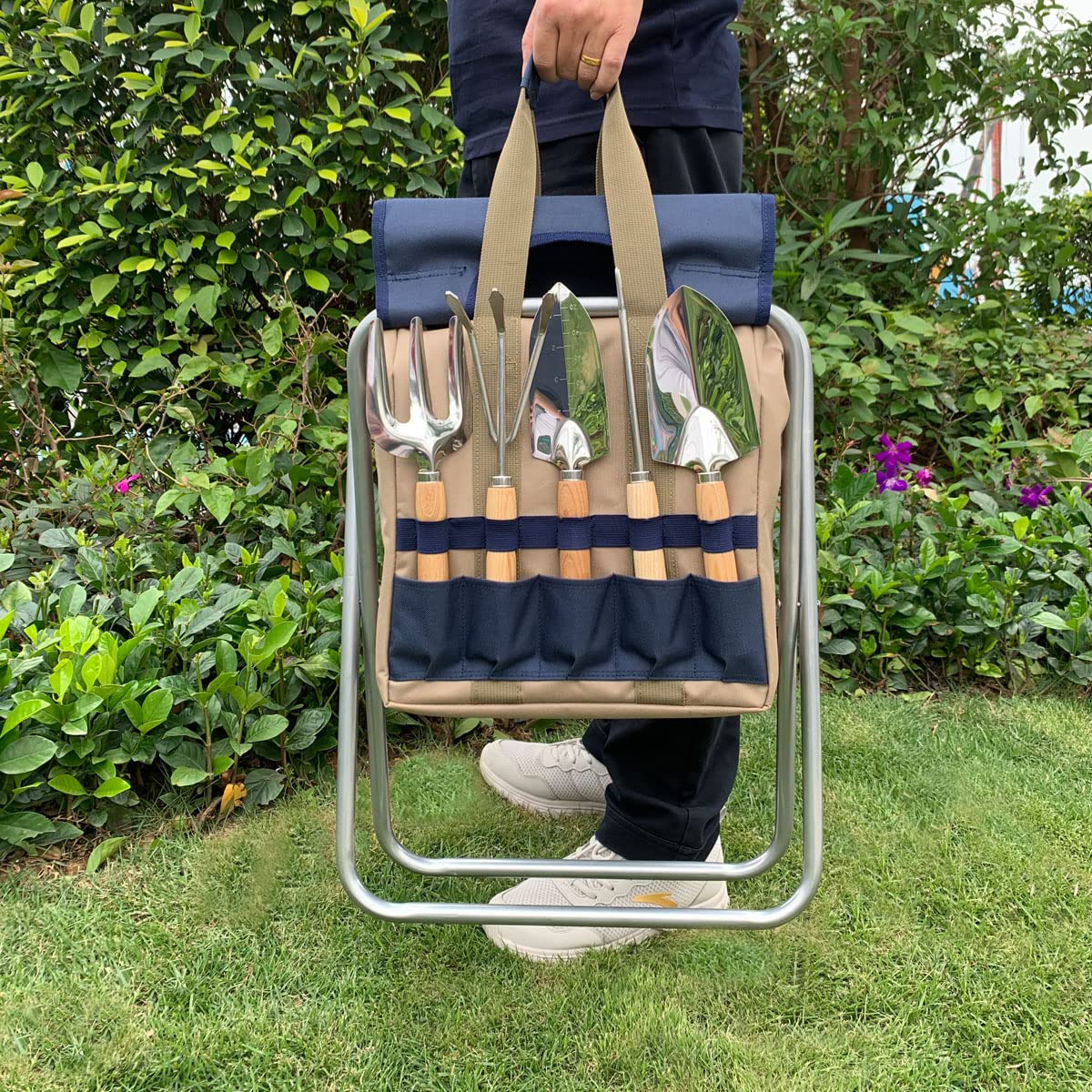 iPreference Garden Folding Gardener Stool with Gardening Tools Insulation Garden Bags Plus 5 Garden Tools and Gardening Kneeler Ideal Gift for Mother's Day/Father's Day (Navy Blue)