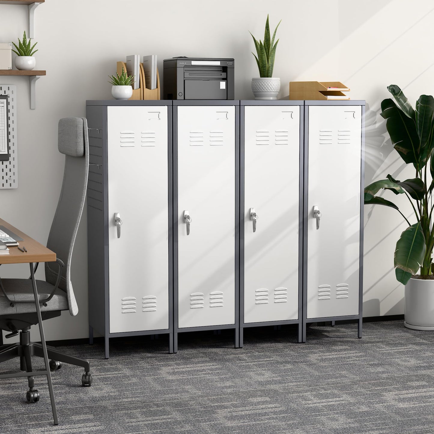 Aobabo Metal 54" H Metal Storage Locker for Employees, Lockable 1 Door with Towel Rack and 2 Side Pegboards with Hooks for School Office Gym Bedroom, Assembly Required (Gray White)