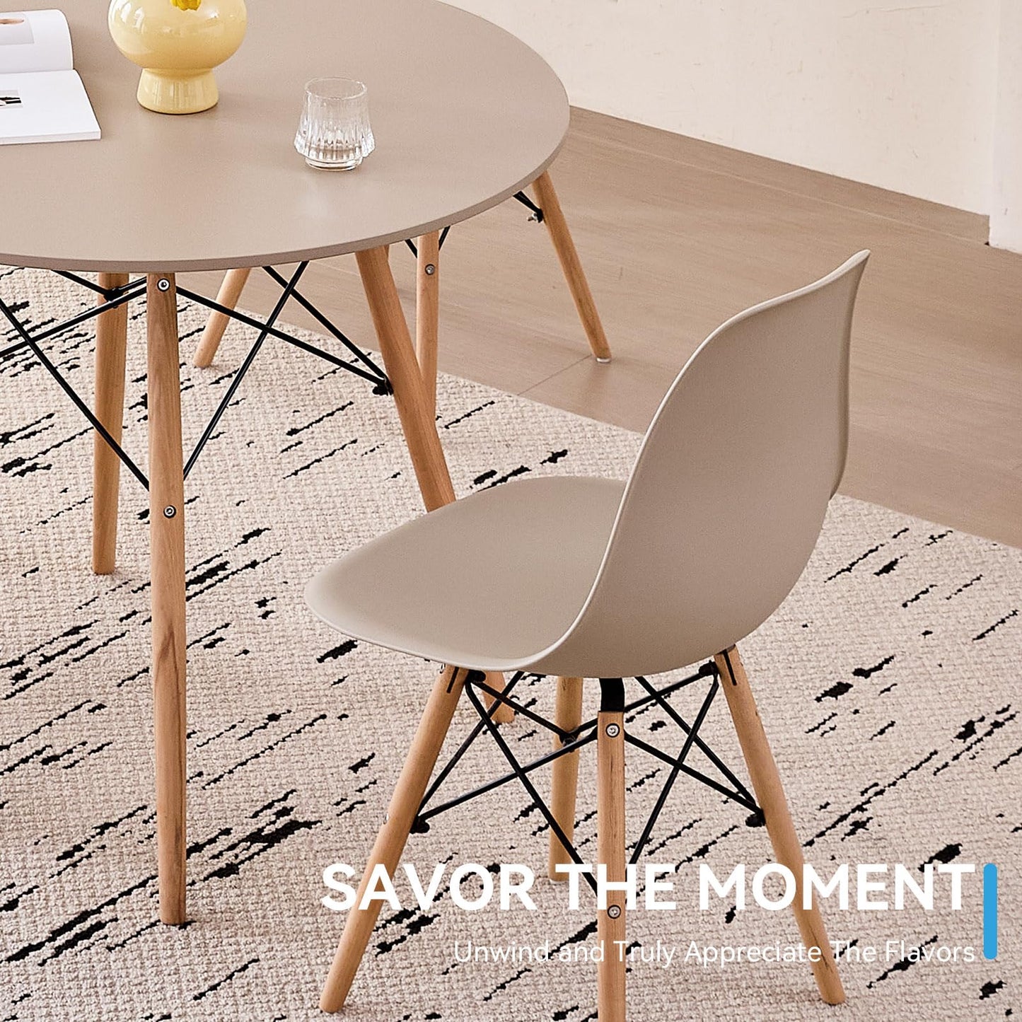 Lecafur HL 5-Piece Round Dining Table Set, Small 35.5" Kitchen Table Chairs Set of 4 Space Saving Furniture, Plastic Seats, Solid Wood Legs, for Living Room Apartment Office Home, Sand