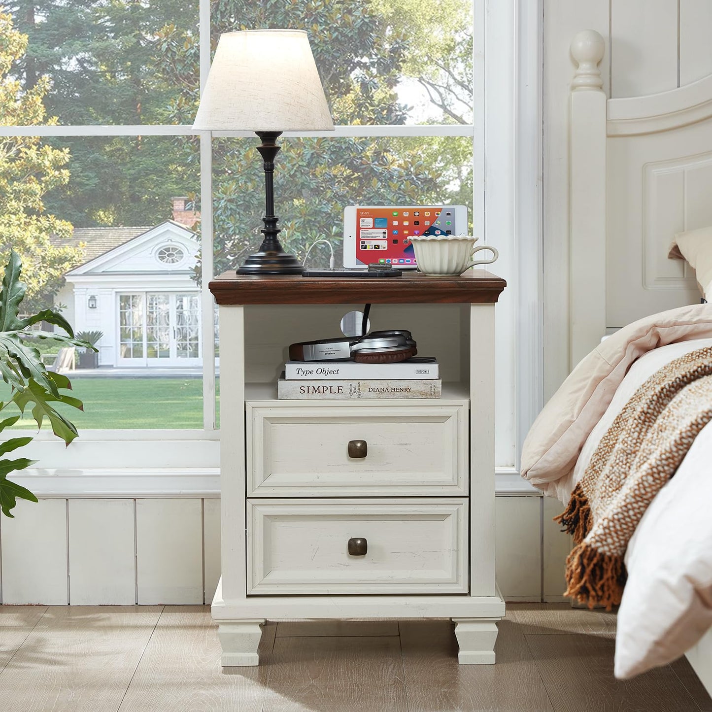 SAVOR LIFE Farmhouse Nightstand Set of 2 with Charging Station, Rustic White Nightstand,2 Drawers End Table for Living Room,Bedside Table with Open Shelf for Bed Room,White