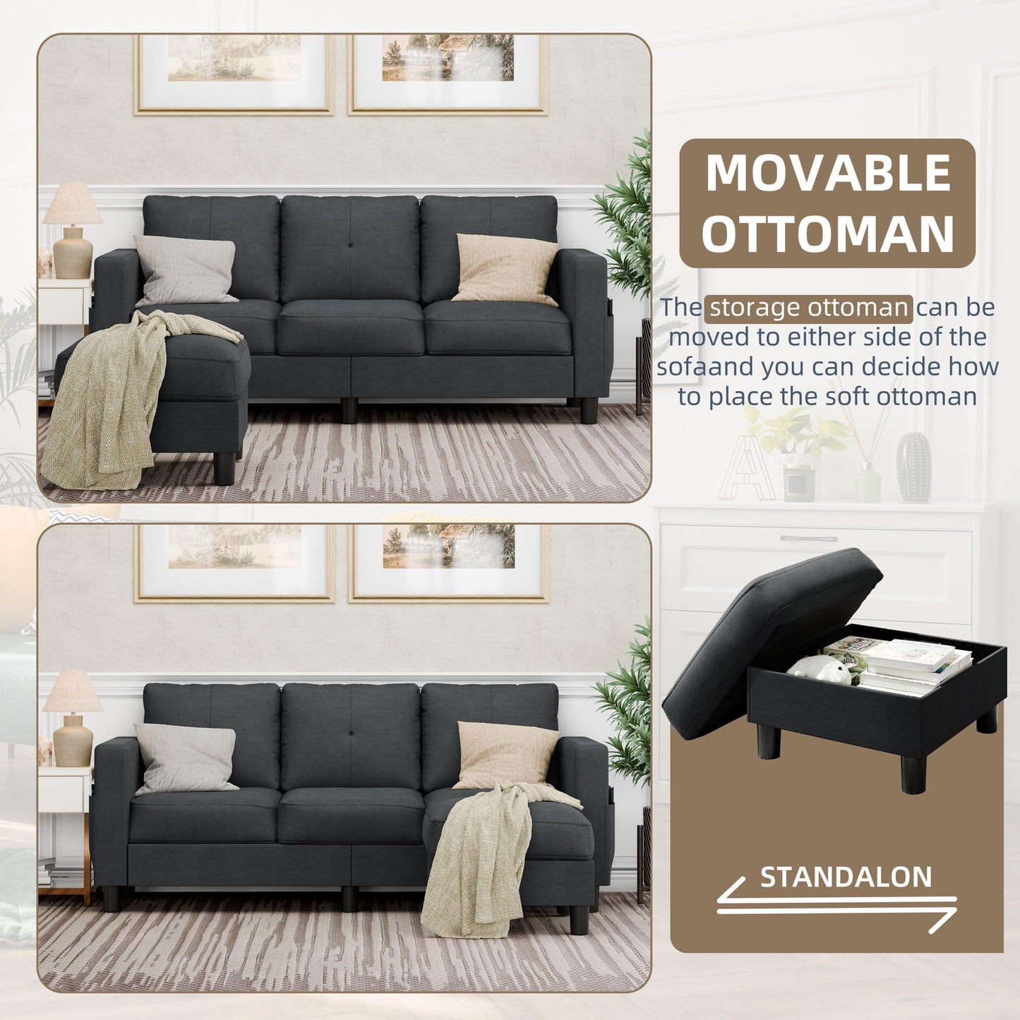 JAMFLY Convertible Sectional Couches for Living Room, L-Shaped Couch 3 Seat Sectional Sofa Set with Polyester Fabric and Movable Ottoman Small Couch for Apartments, Office, Black