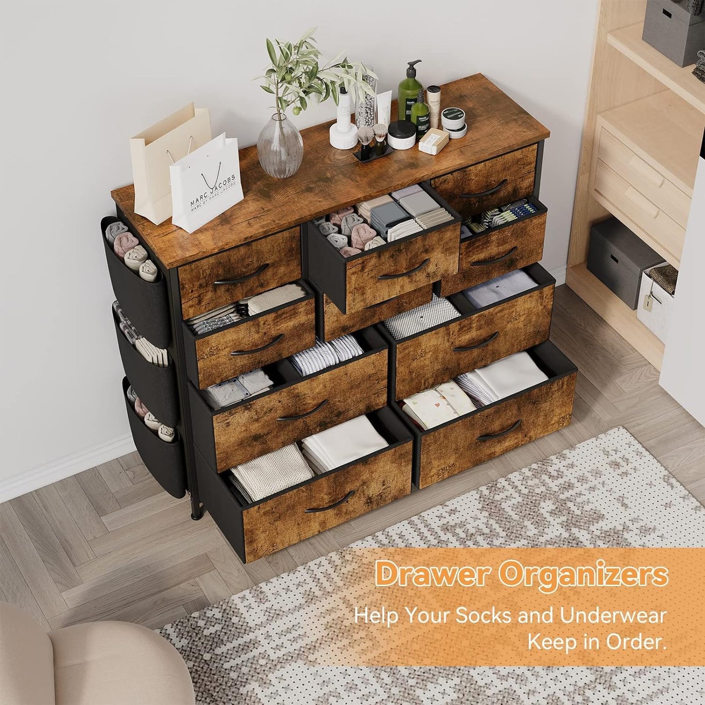 Dresser for Bedroom, 10 Drawers Fabric Storage Drawer, Dressers & Chest of Drawers with Side Pockets, Hooks, Wood Tabletop for Closet, Living Room, Hallway (Brown)